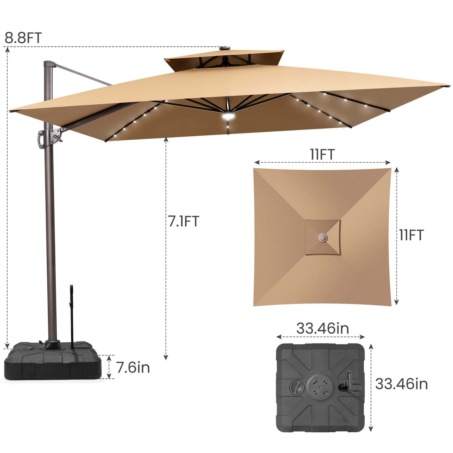 11x11 FT khaki LED cantilever umbrella and pull-rod base dimensions.