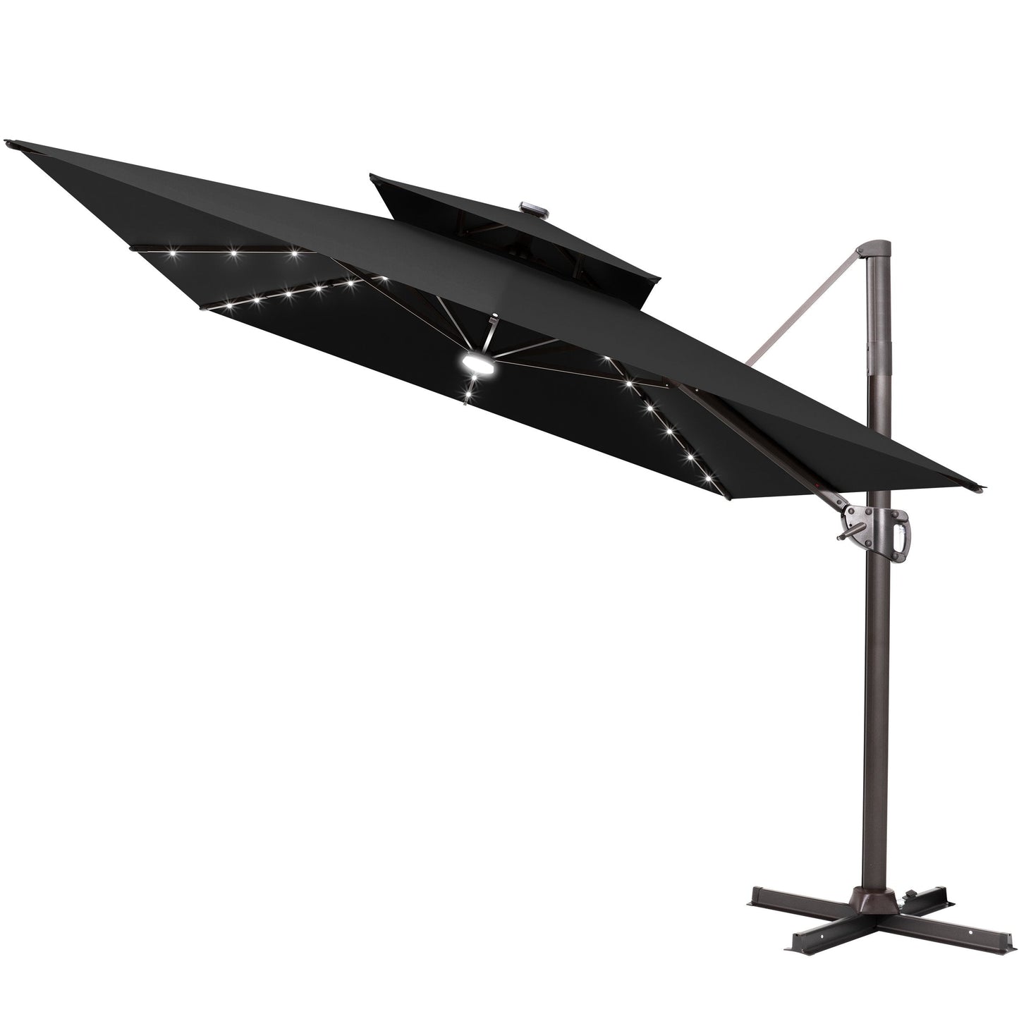 Tilted Crestlive 11x9 ft black lighted cantilever patio umbrella with solar LED lights and steel cross base