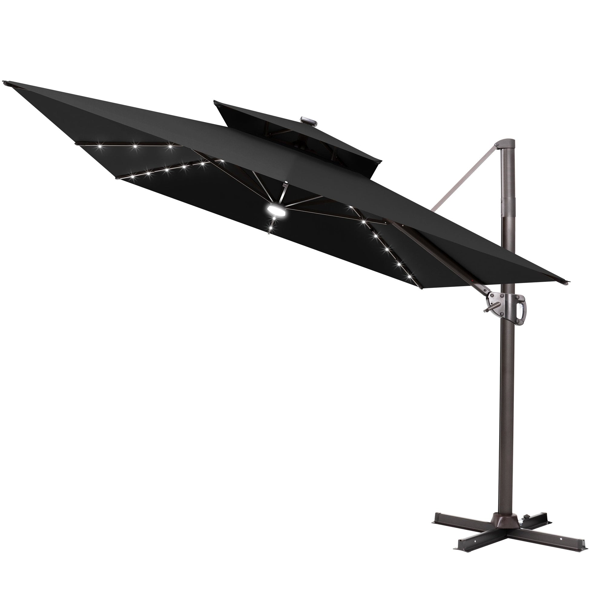 Tilted Crestlive 11x9 ft black lighted cantilever patio umbrella with solar LED lights and steel cross base