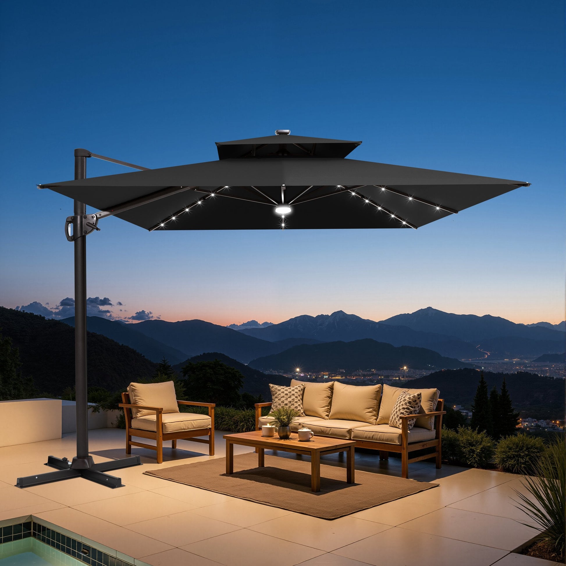 Lighted Crestlive 11x9 ft black cantilever patio umbrella with cross base shading a wooden patio set at sunset