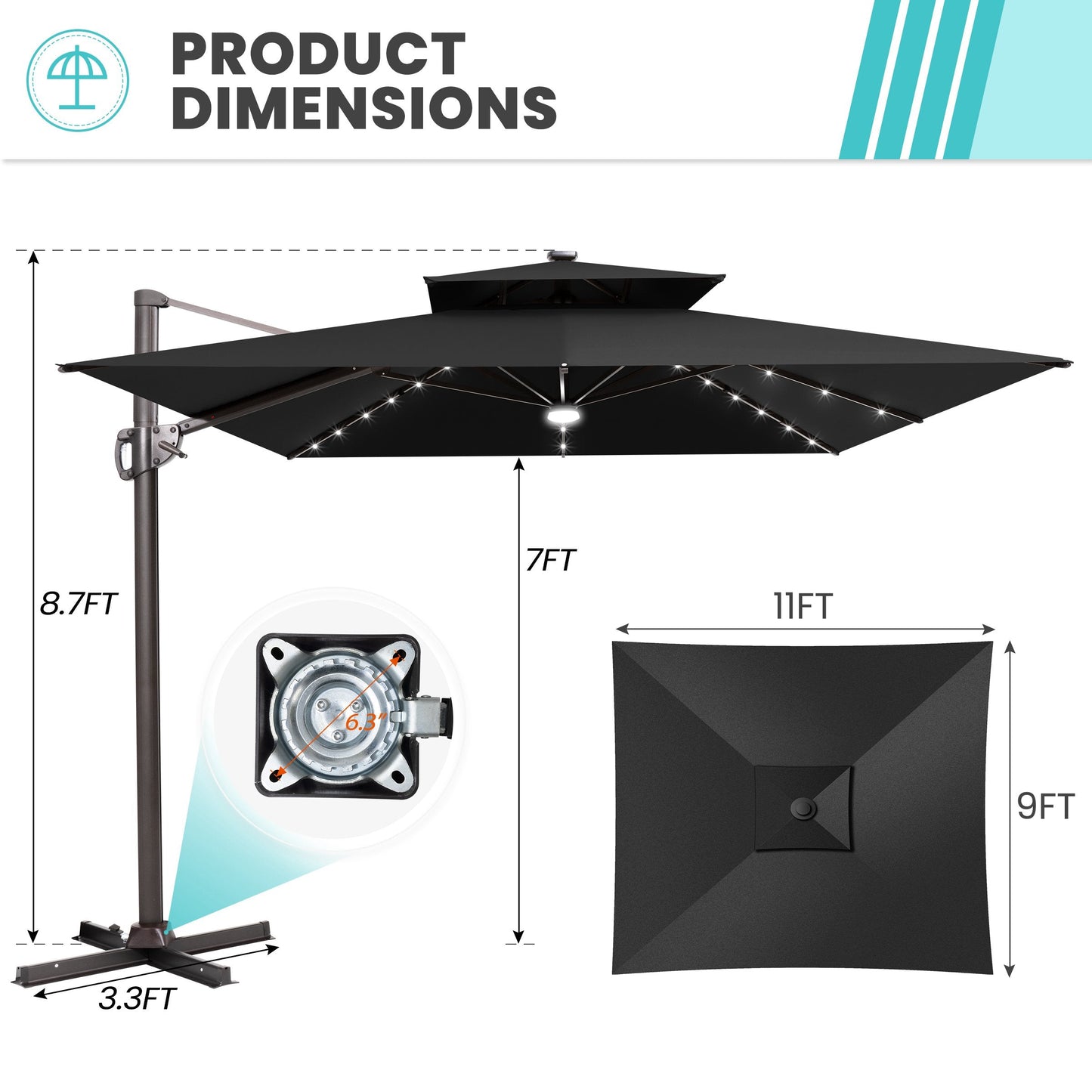 Size guide for Crestlive 11x9 ft black lighted cross base umbrella showing 8.7ft height and 6.3 inch hole distance