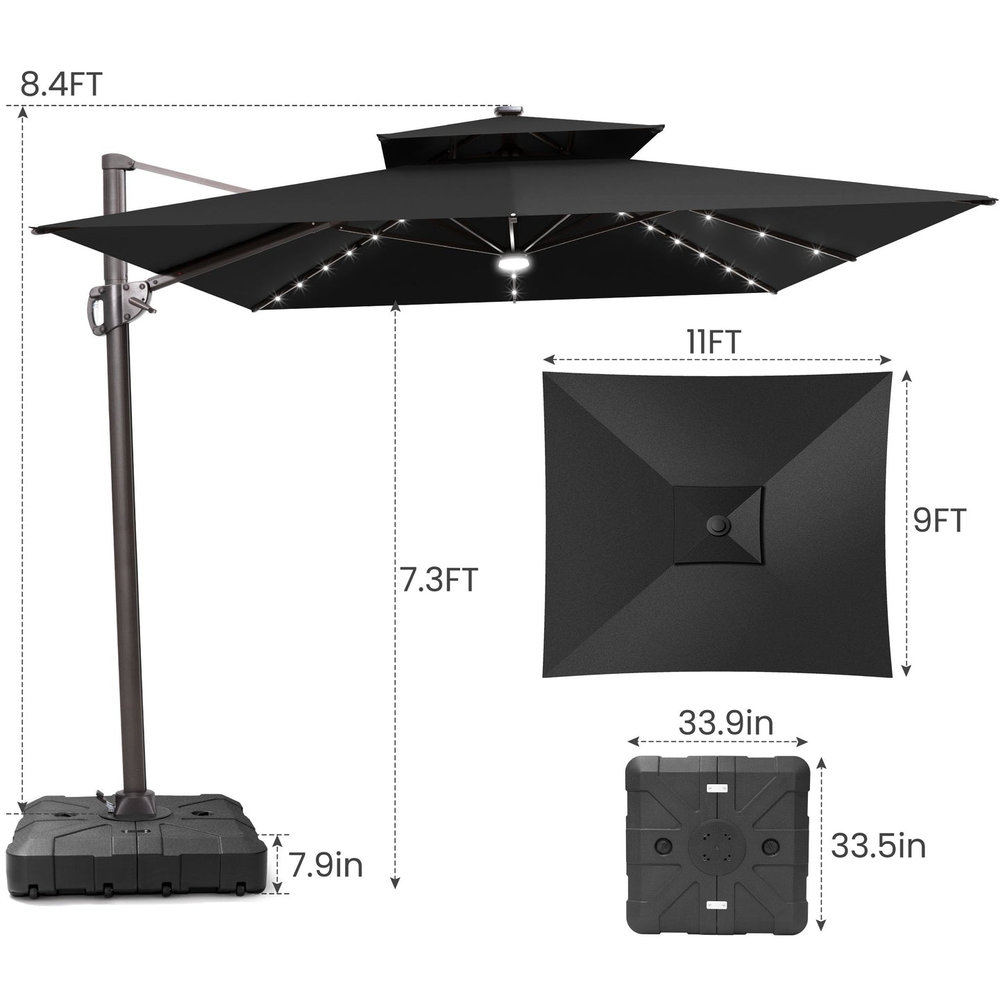 Size guide for Crestlive 11x9 ft black lighted cantilever patio umbrella showing 8.4ft total height and base dimensions
