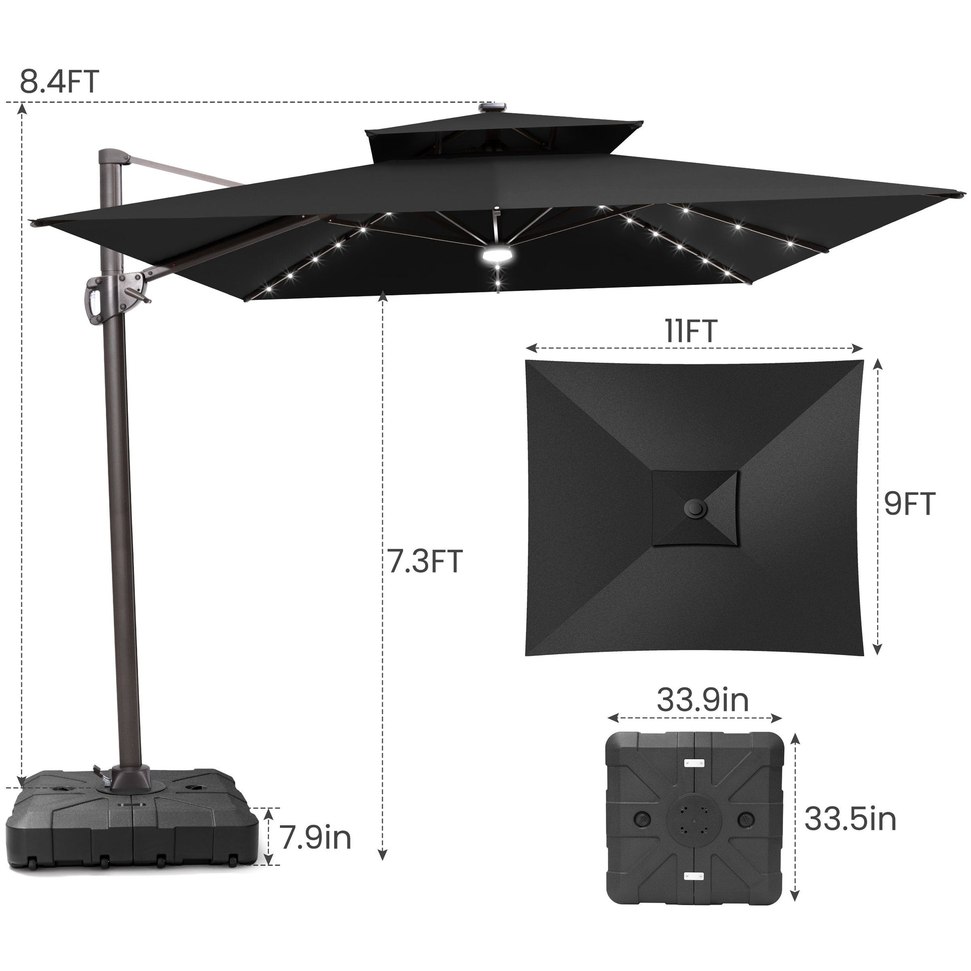 Size guide for Crestlive 11x9 ft black lighted cantilever patio umbrella showing 8.4ft total height and base dimensions