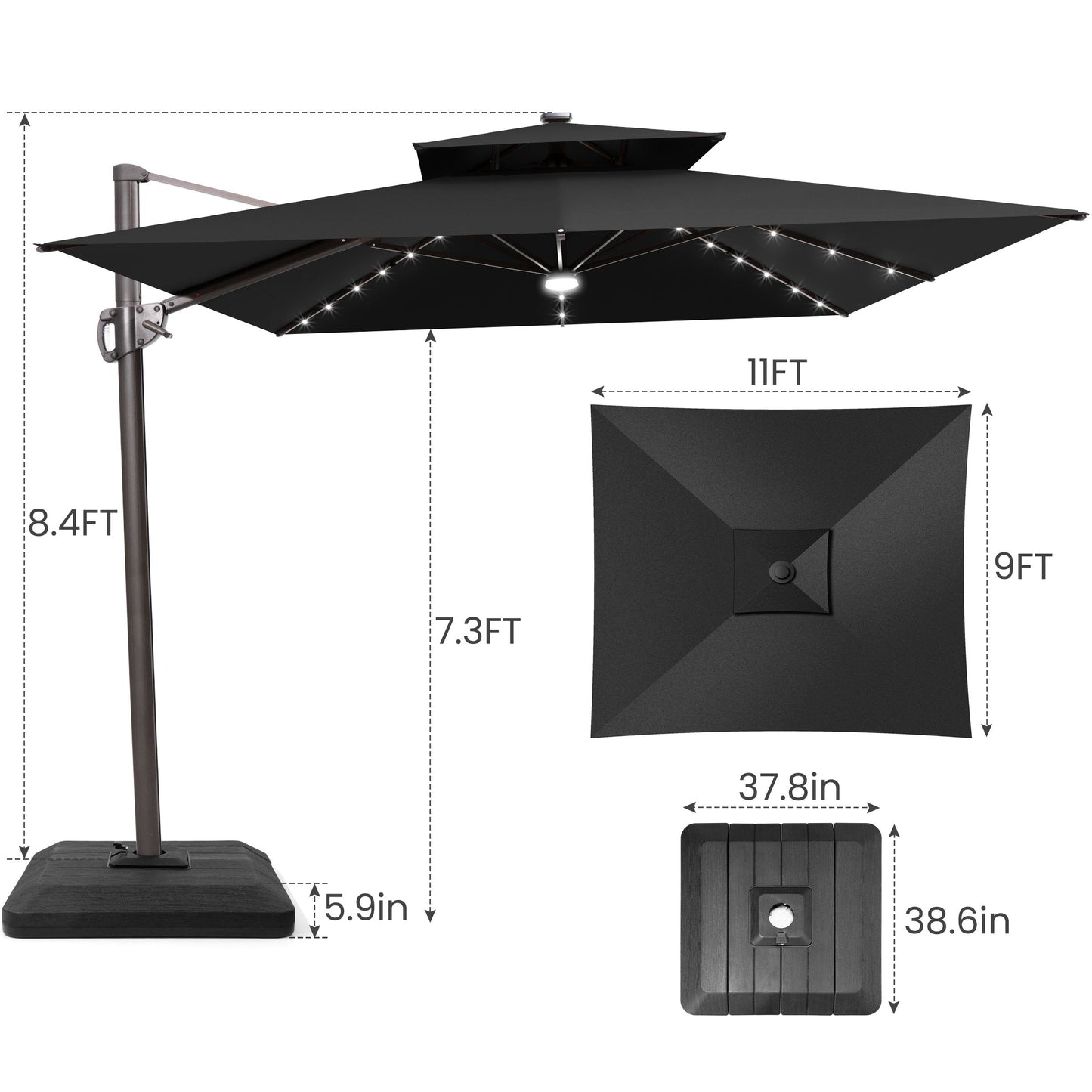 Size guide for Crestlive 11x9 ft black lighted cantilever umbrella showing 8.4ft total height and low-profile base