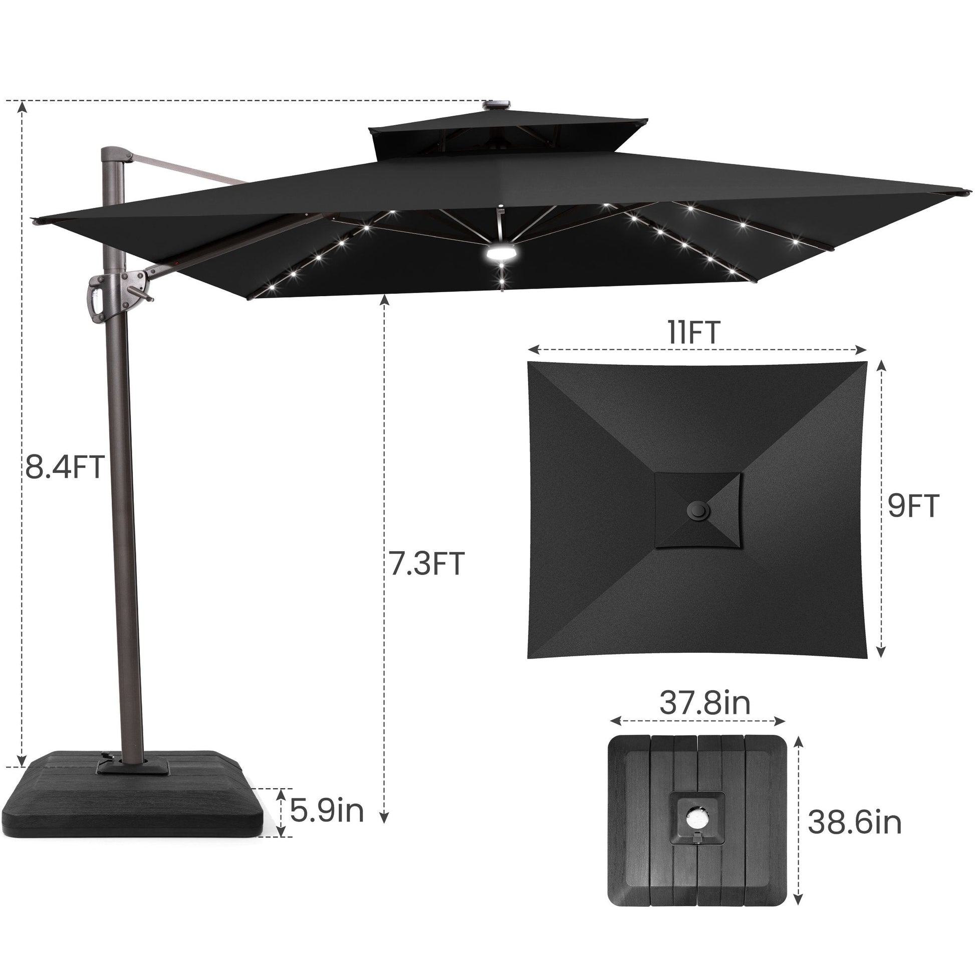 Size guide for Crestlive 11x9 ft black lighted cantilever umbrella showing 8.4ft total height and low-profile base