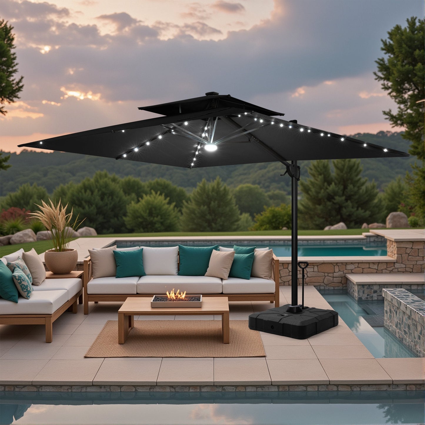 Lighted Crestlive 11x9 ft black cantilever patio umbrella with wheeled base shading a poolside fire pit set at sunset