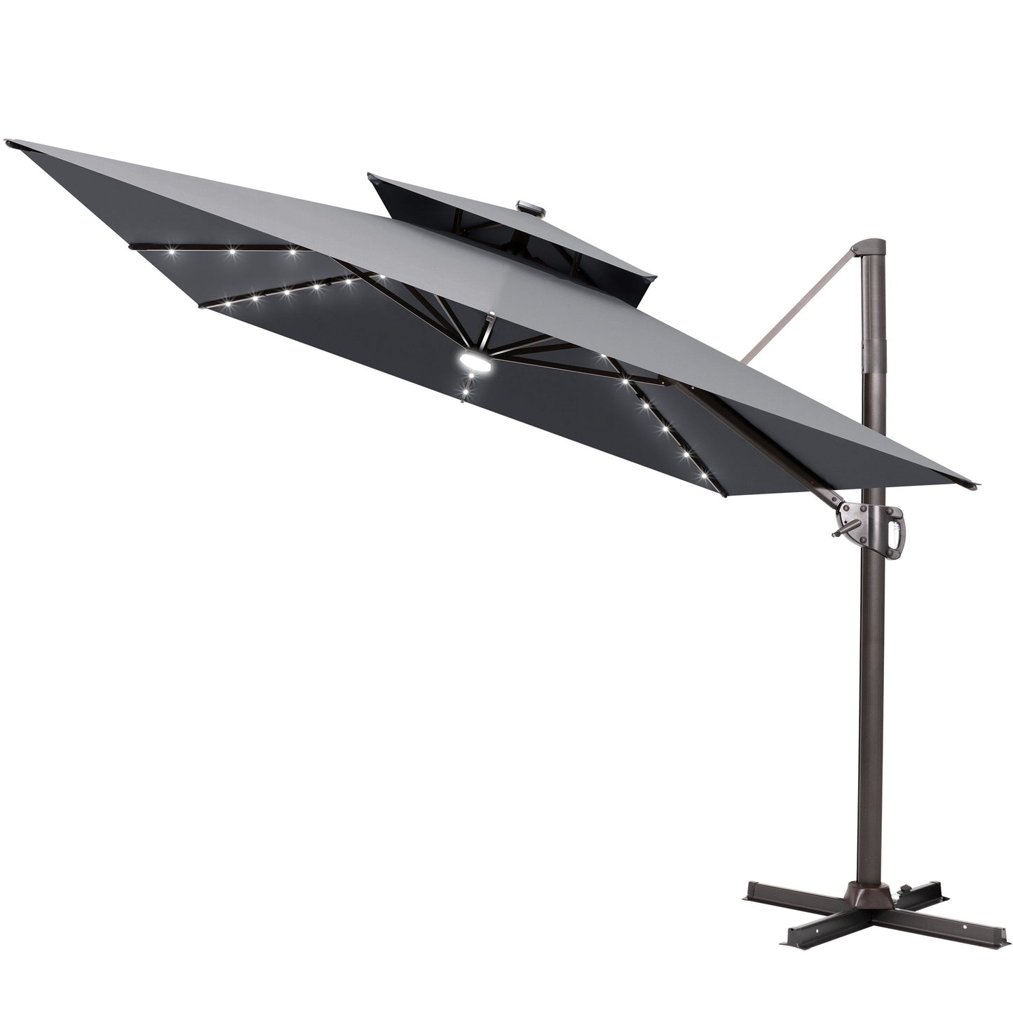 Tilted Crestlive 11x9 ft grey lighted cantilever patio umbrella with solar LED lights and steel cross base