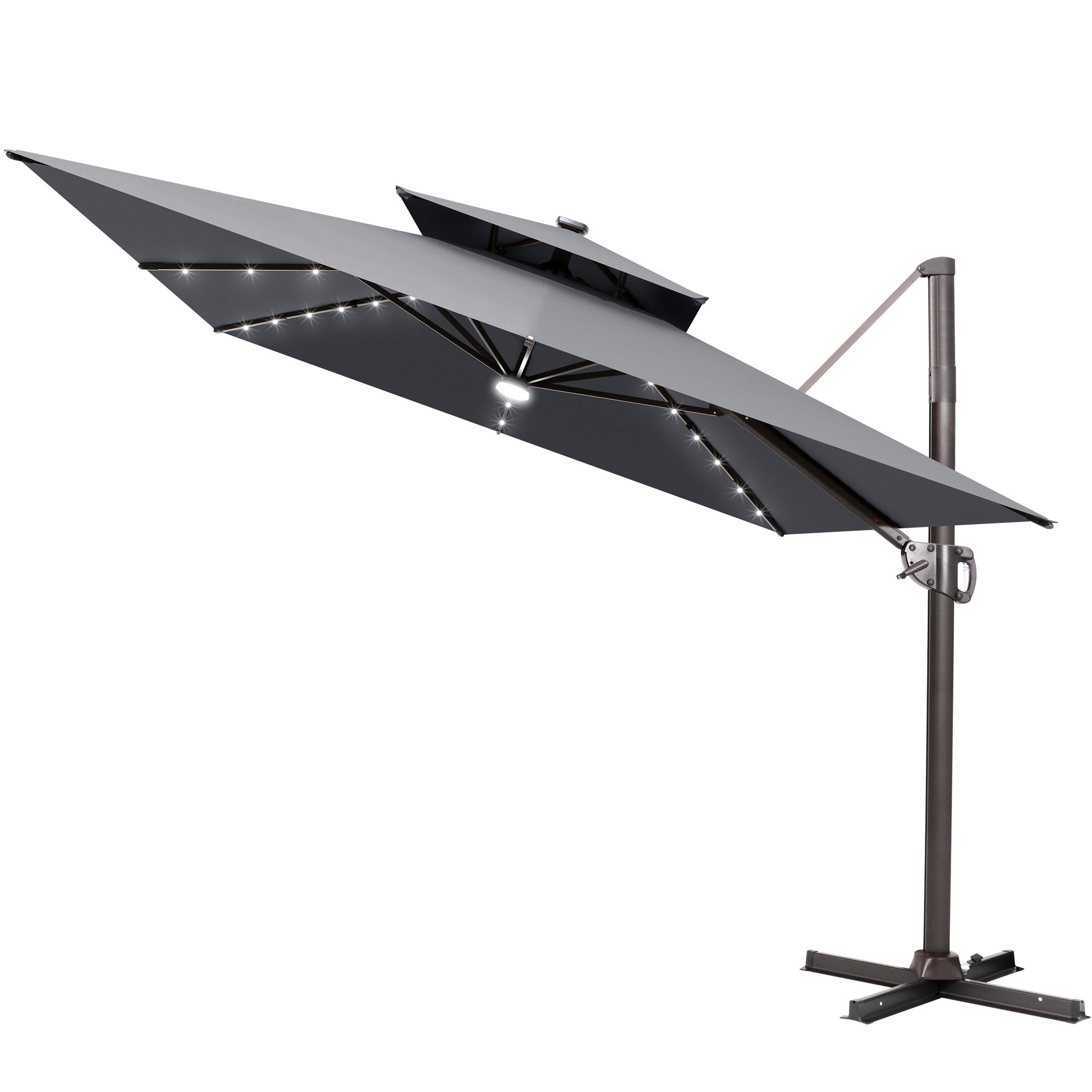 Tilted Crestlive 11x9 ft grey lighted cantilever patio umbrella with solar LED lights and steel cross base