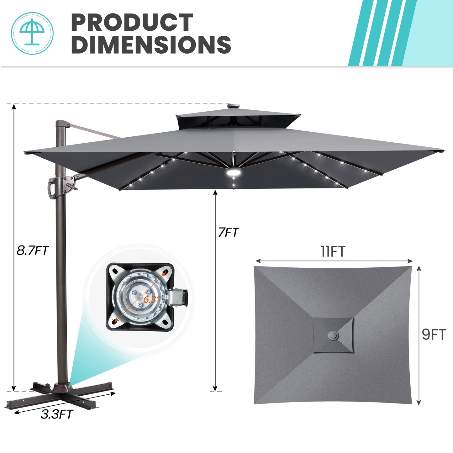 Size guide for Crestlive 11x9 ft grey lighted cross base umbrella showing 8.7ft height and 6.3 inch hole distance