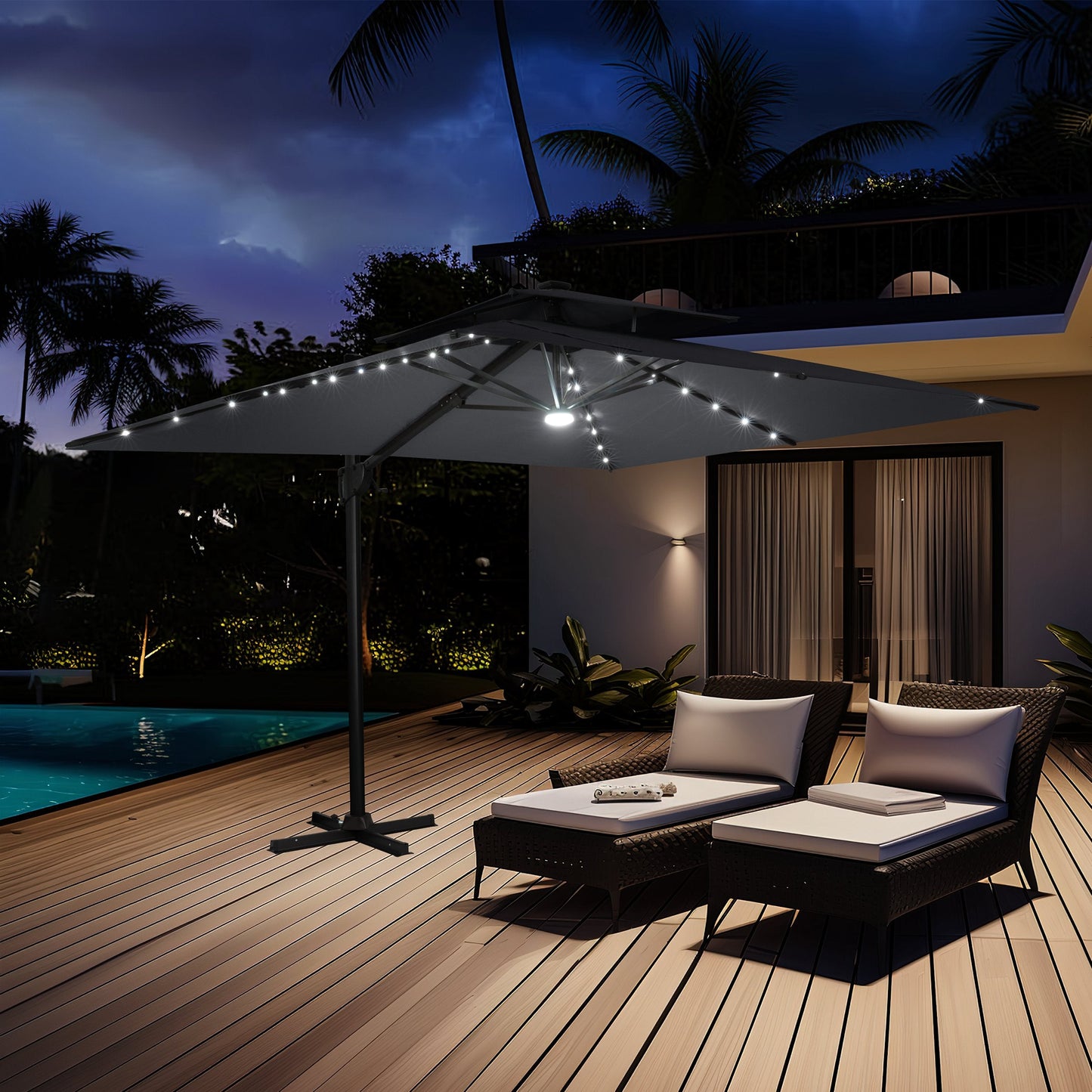 Lighted Crestlive 11x9 ft grey cantilever umbrella with cross base shading wicker lounge chairs at night