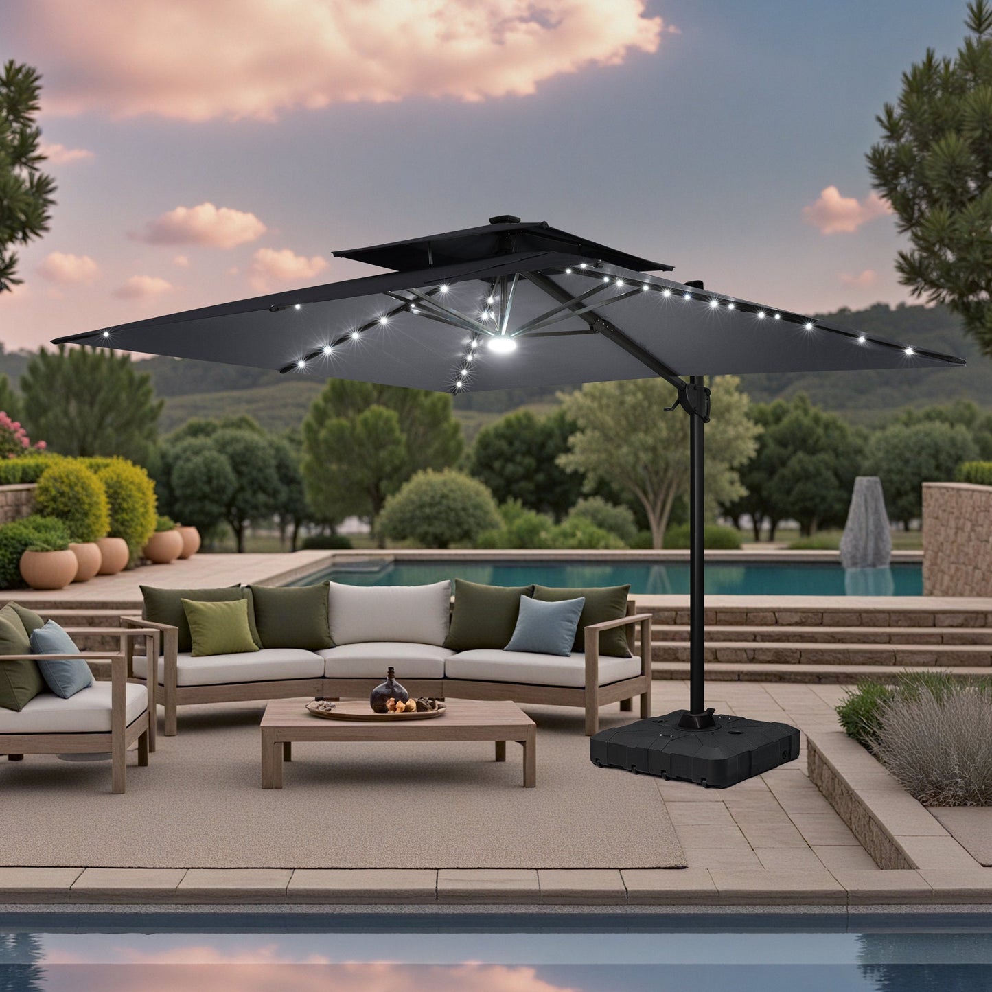Lighted Crestlive 11x9 ft grey cantilever umbrella with wheeled base shading a poolside conversation set at sunset