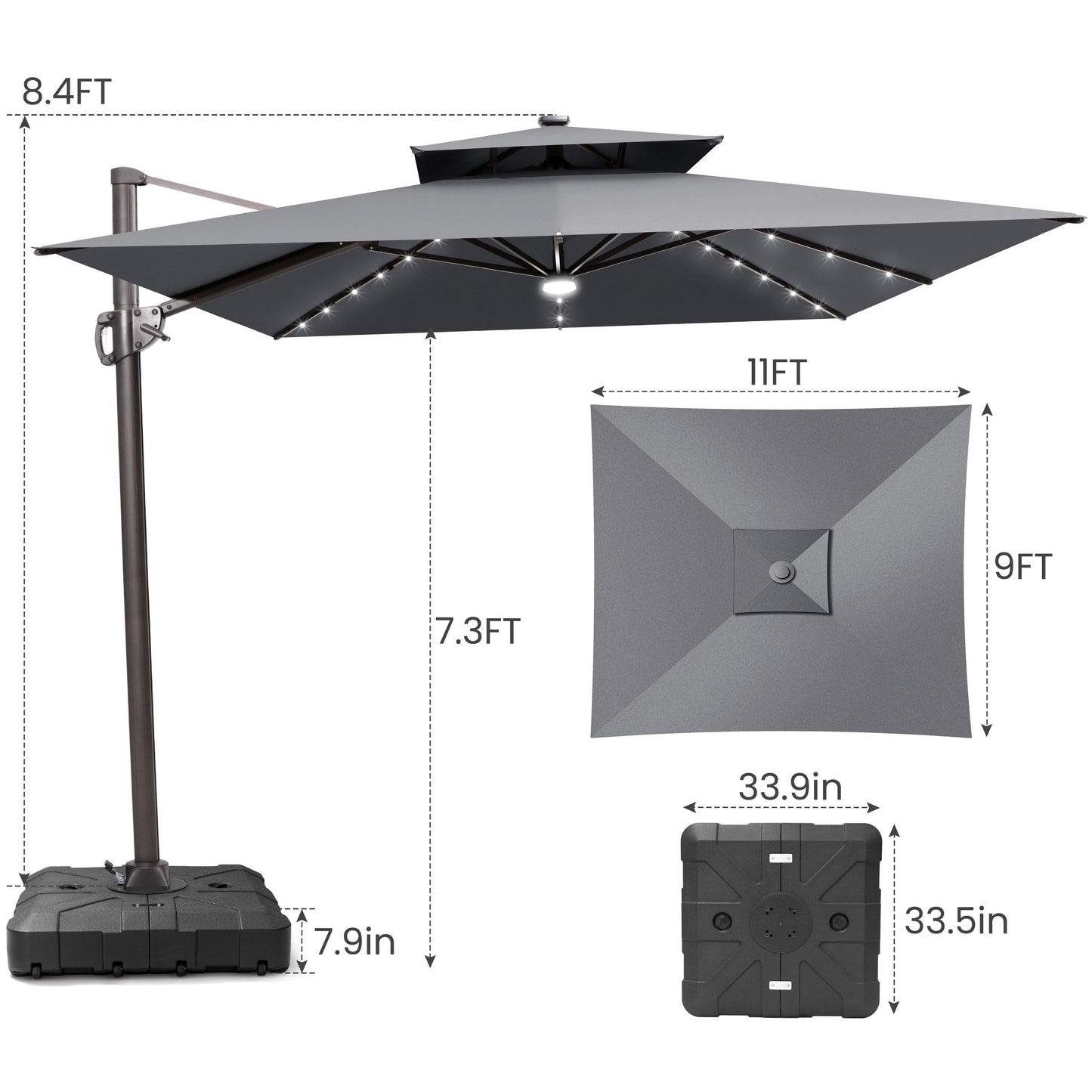 Size guide for Crestlive 11x9 ft grey lighted cantilever patio umbrella showing 8.4ft total height and base dimensions