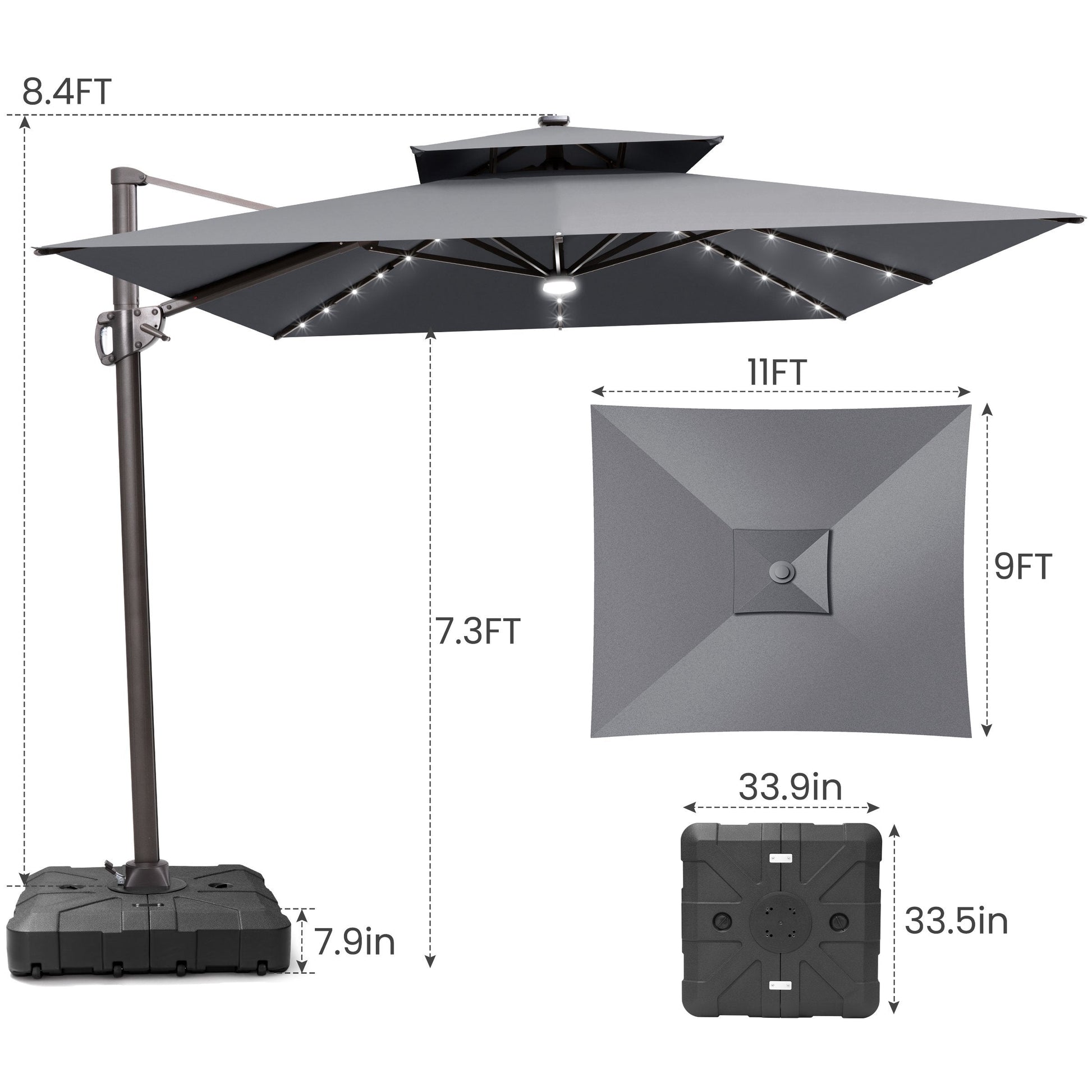 Size guide for Crestlive 11x9 ft grey lighted cantilever patio umbrella showing 8.4ft total height and base dimensions