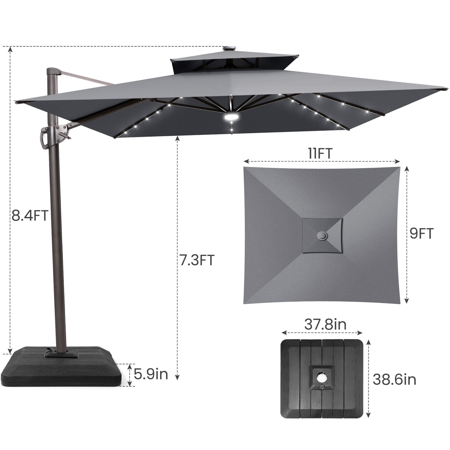 Size guide for Crestlive 11x9 ft grey lighted cantilever umbrella showing 8.4ft total height and low-profile base
