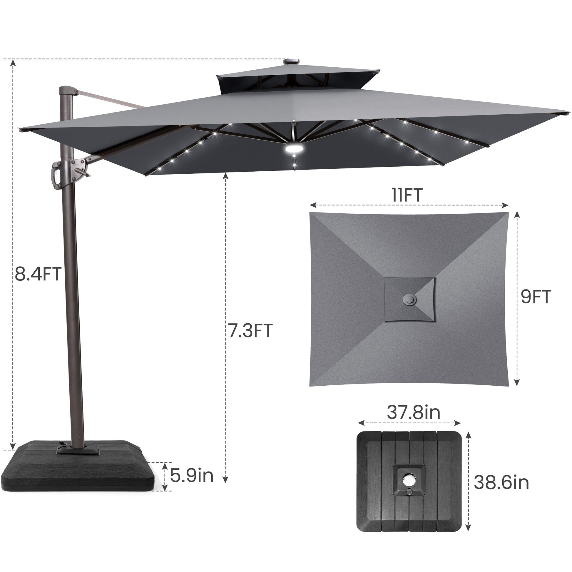 Size guide for Crestlive 11x9 ft grey lighted cantilever umbrella showing 8.4ft total height and low-profile base
