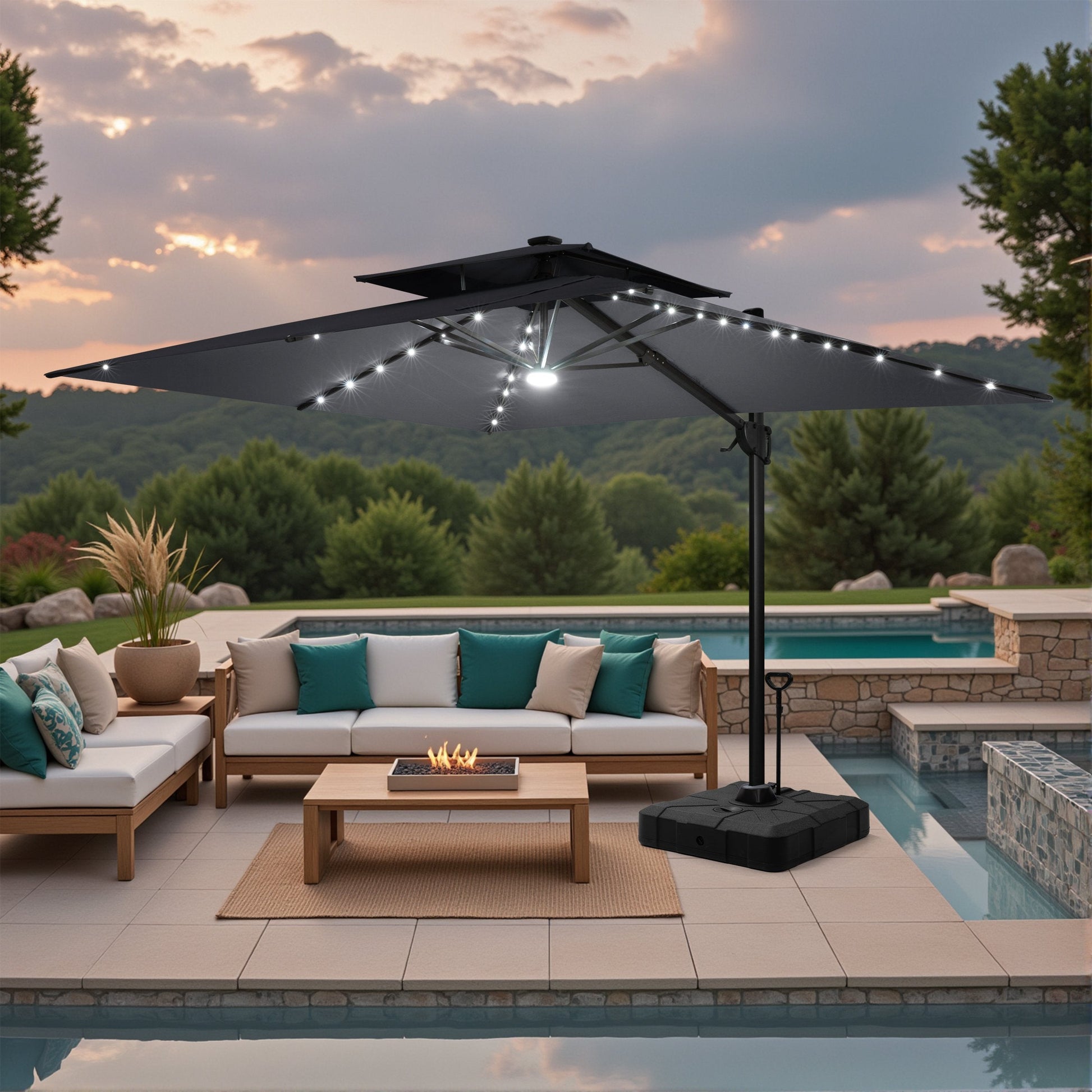 Black Crestlive 11x9 ft lighted cantilever umbrella with wheeled base shading a modern poolside fire pit set at sunset