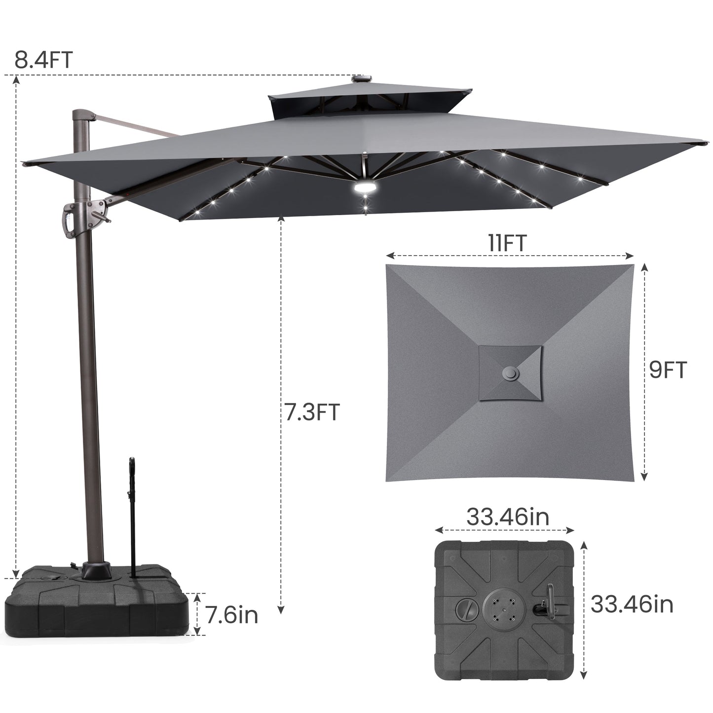 Size guide for Crestlive 11x9 ft grey lighted cantilever patio umbrella with wheeled base showing 8.4ft total height