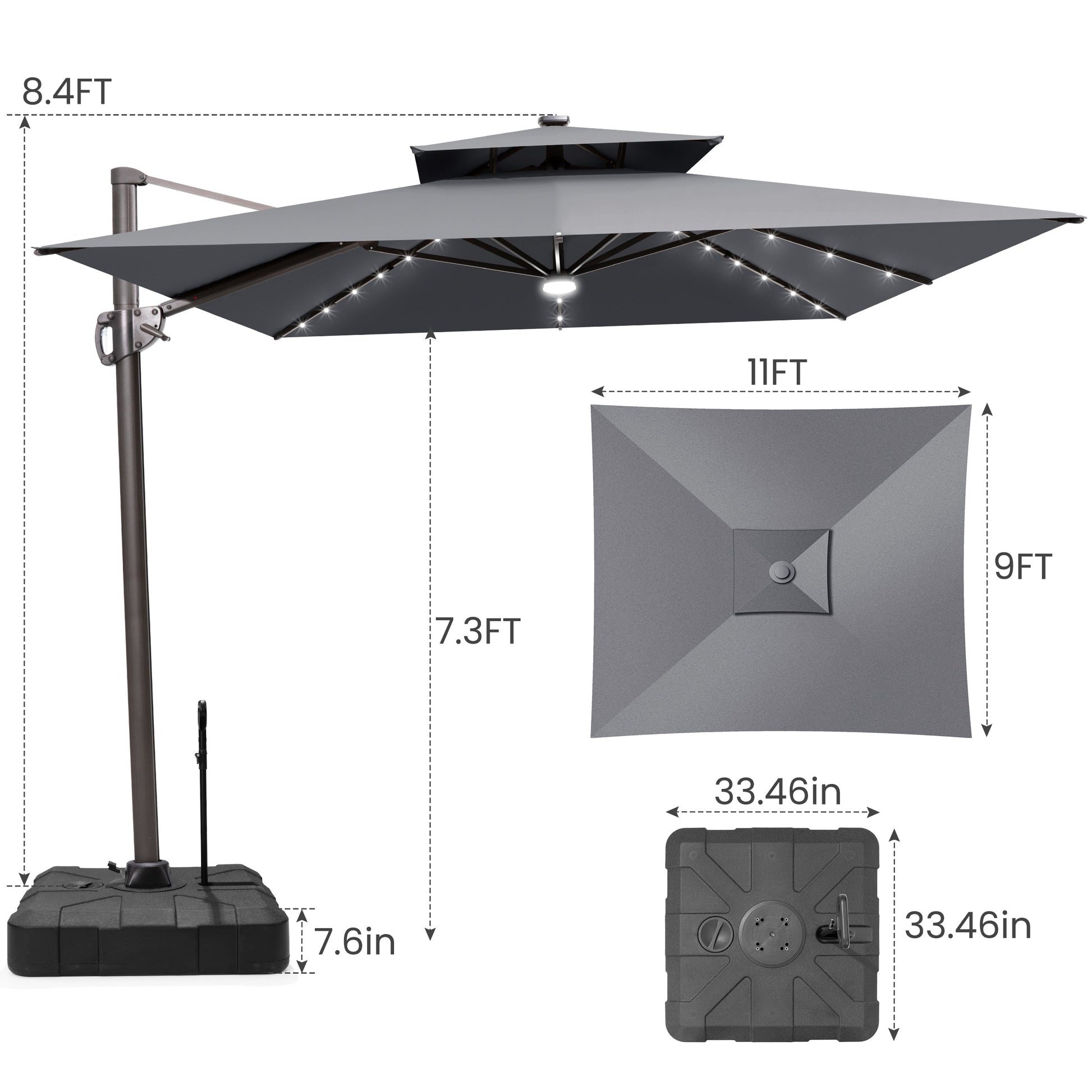 Size guide for Crestlive 11x9 ft grey lighted cantilever patio umbrella with wheeled base showing 8.4ft total height