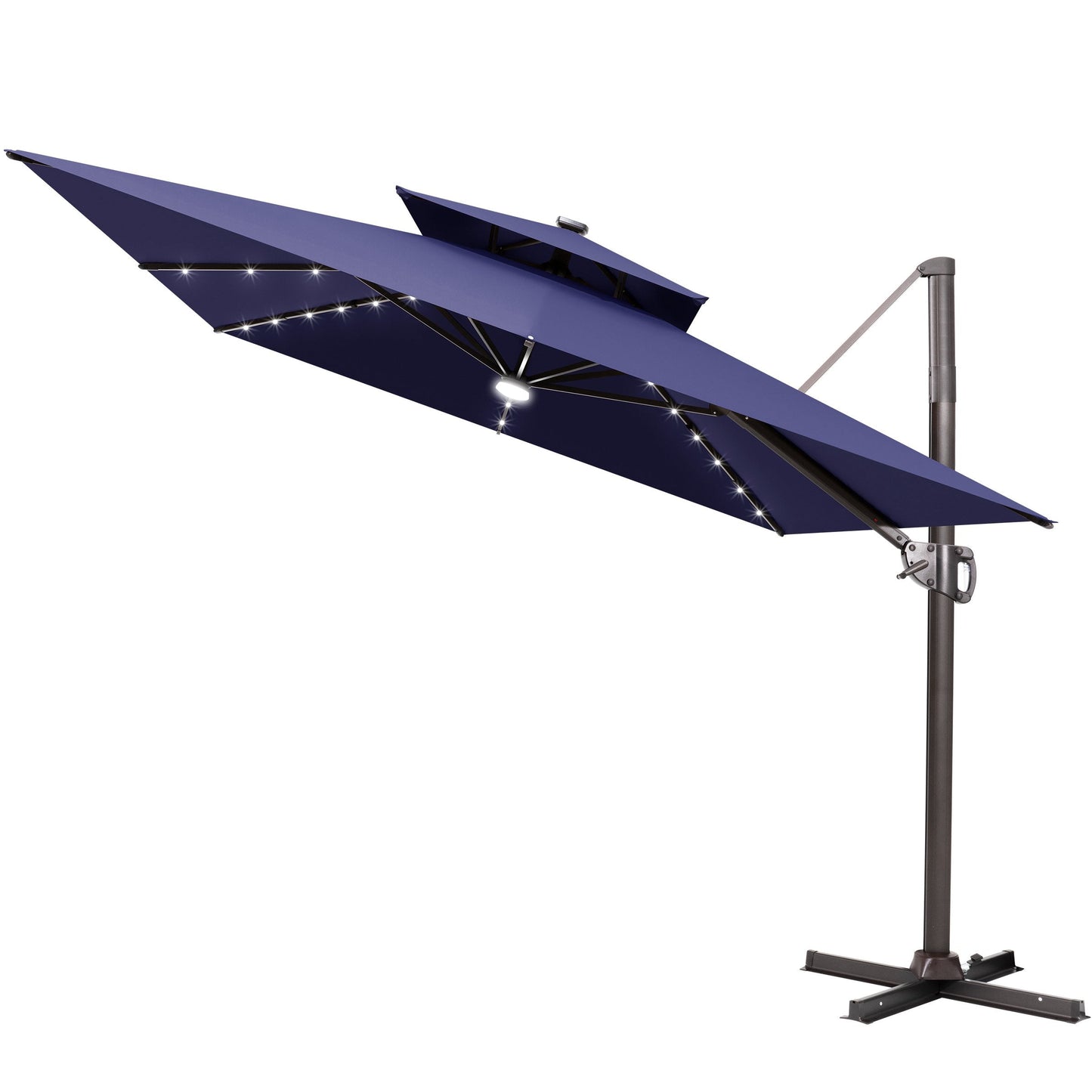 Tilted Crestlive 11x9 ft navy blue lighted cantilever patio umbrella with solar LED lights and steel cross base