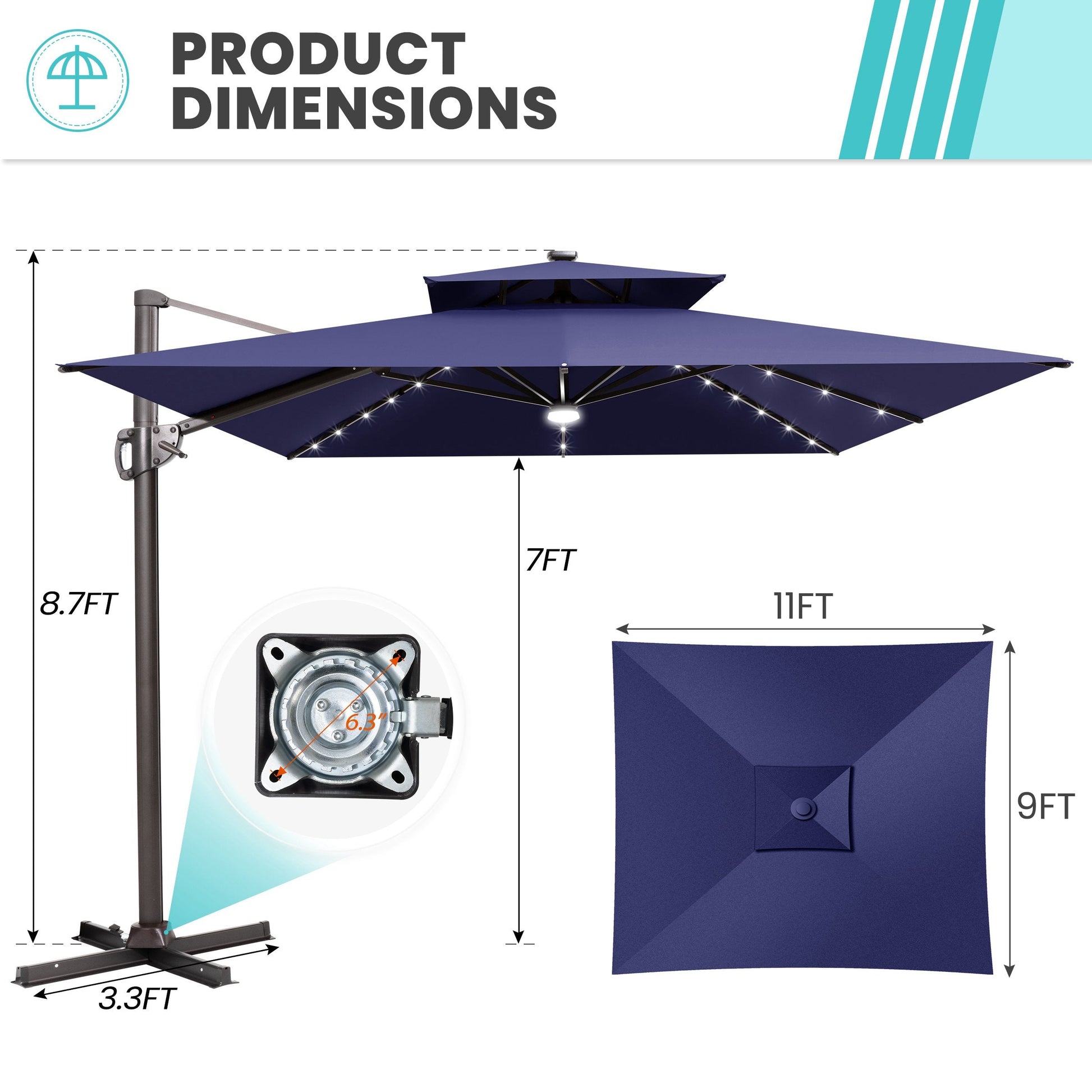 Size guide for Crestlive 11x9 ft navy blue lighted cross base umbrella showing 8.7ft height and 6.3 inch hole distance