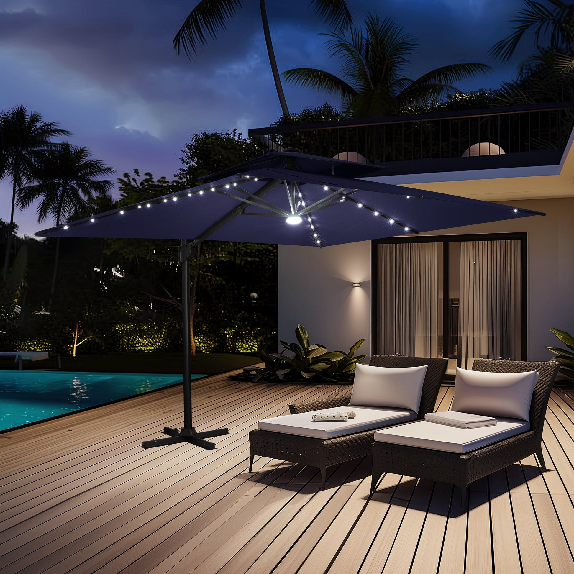 Lighted Crestlive 11x9 ft navy blue cantilever umbrella with cross base shading wicker lounge chairs at night