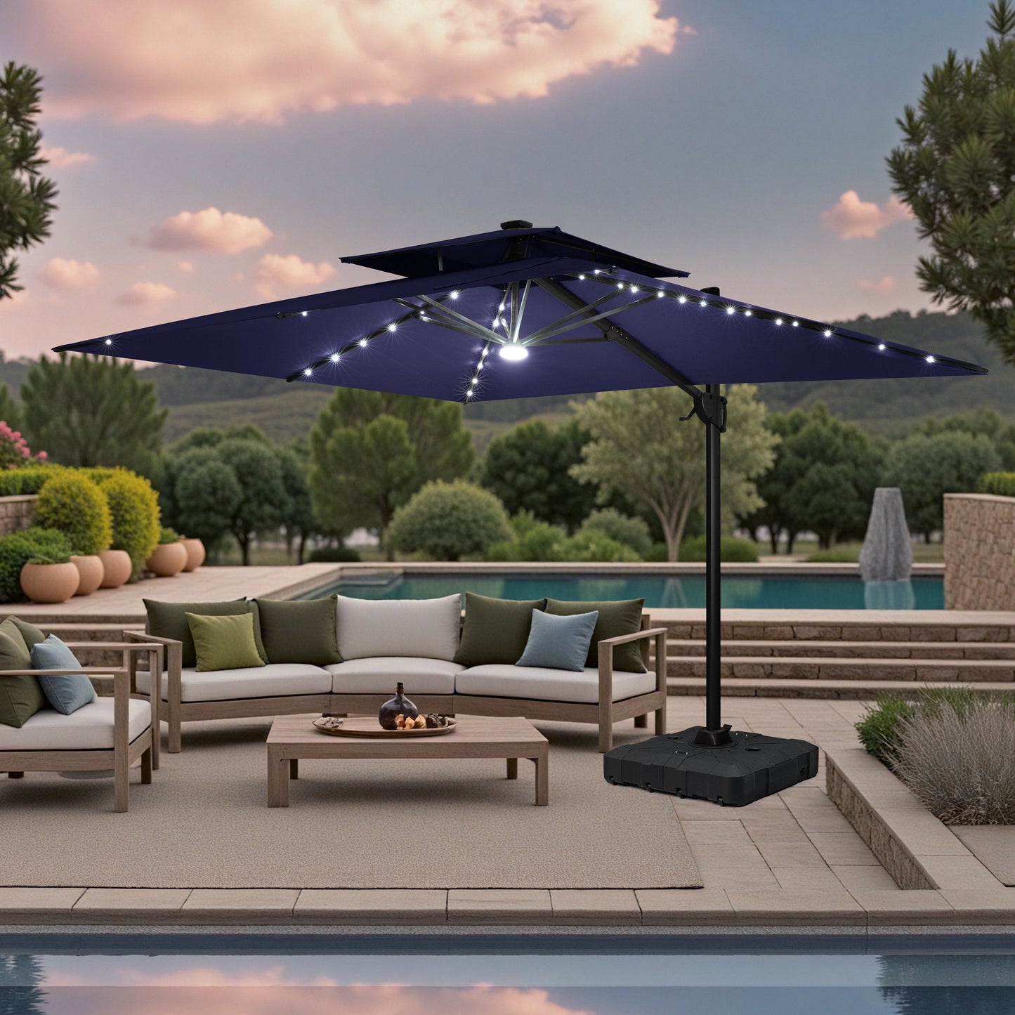 Lighted Crestlive 11x9 ft navy blue cantilever umbrella with wheeled base shading a poolside conversation set at sunset