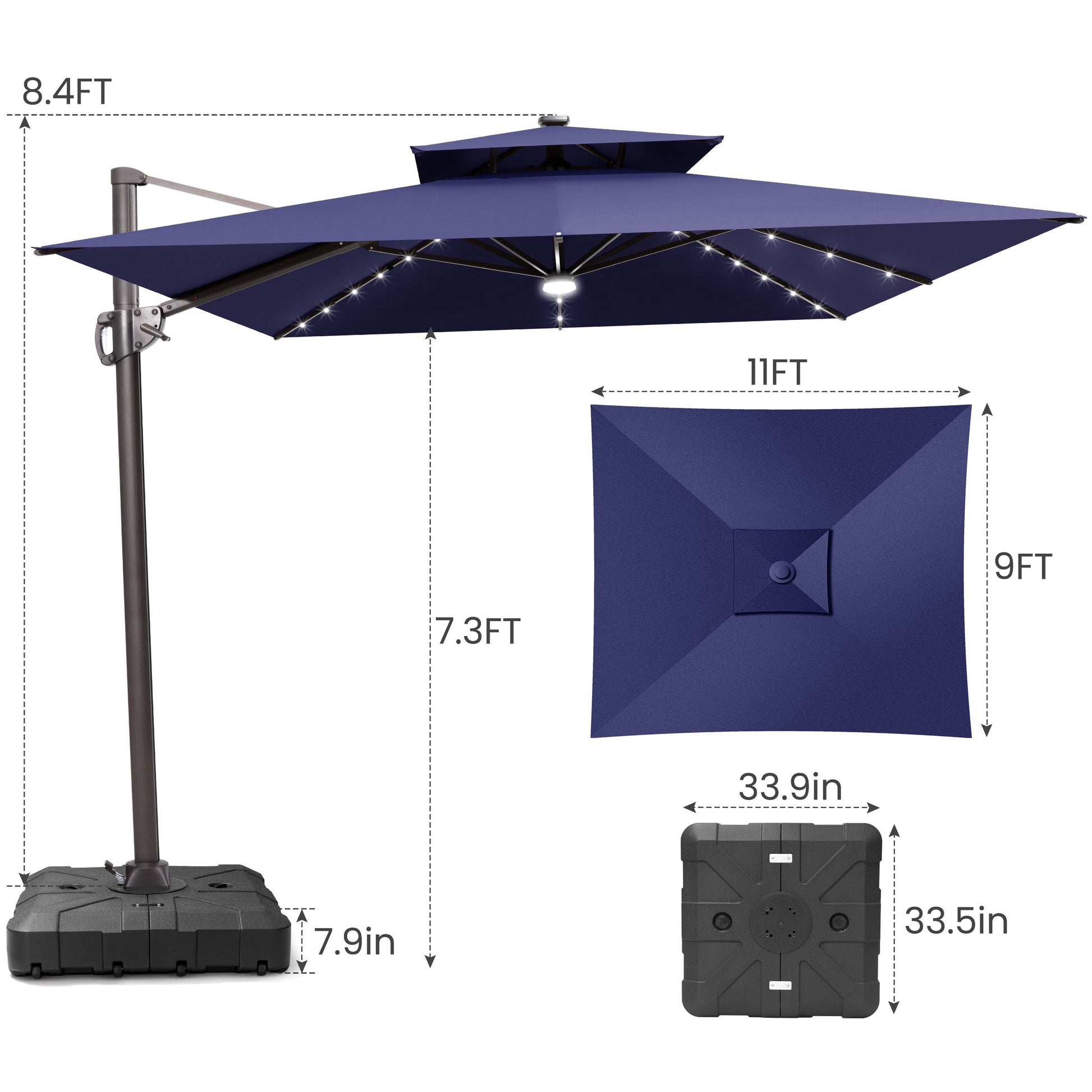 Size guide for Crestlive 11x9 ft navy blue lighted cantilever patio umbrella showing 8.4ft total height and base dimensions