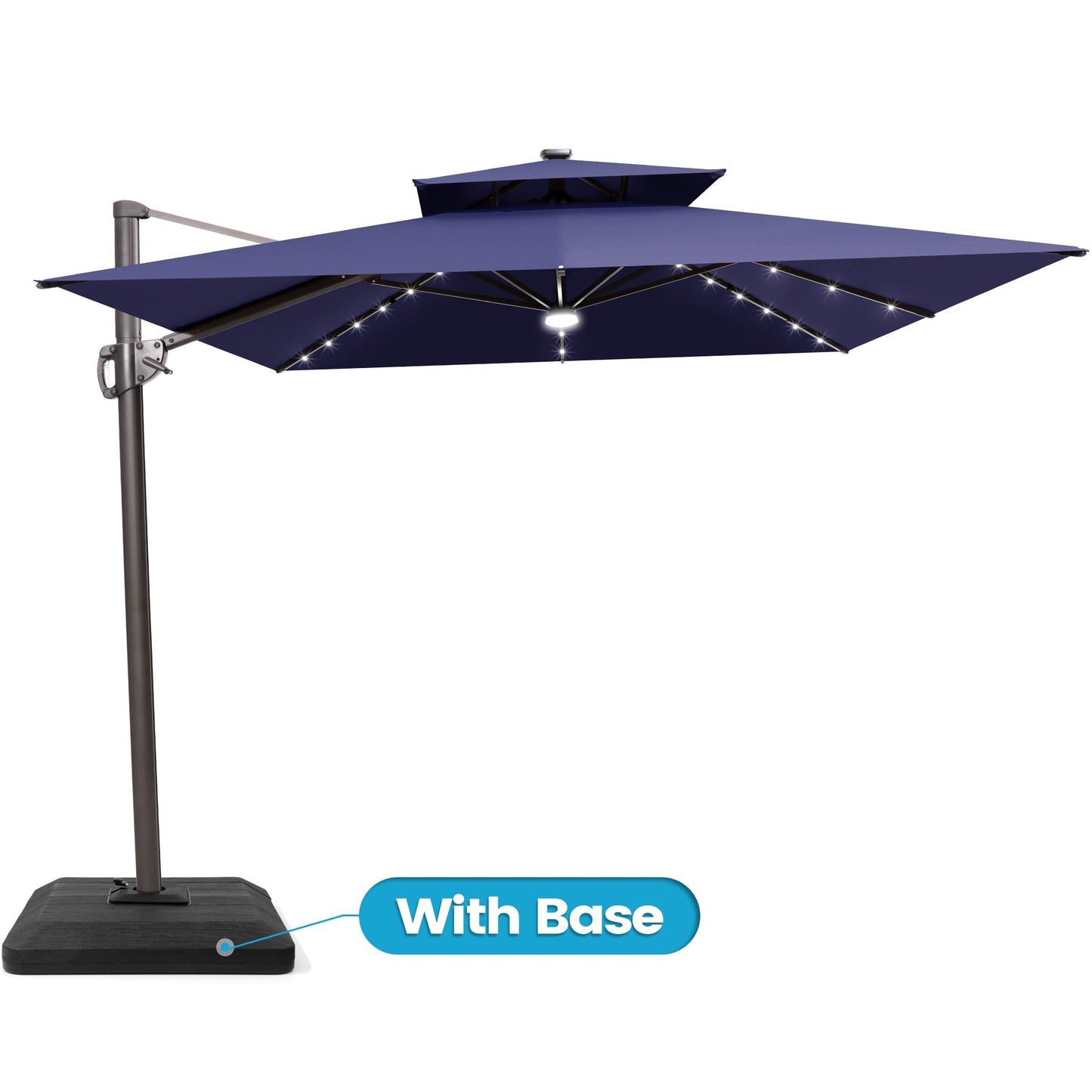 Crestlive 11x9 ft navy blue lighted rectangular cantilever patio umbrella with LED lights and low-profile base