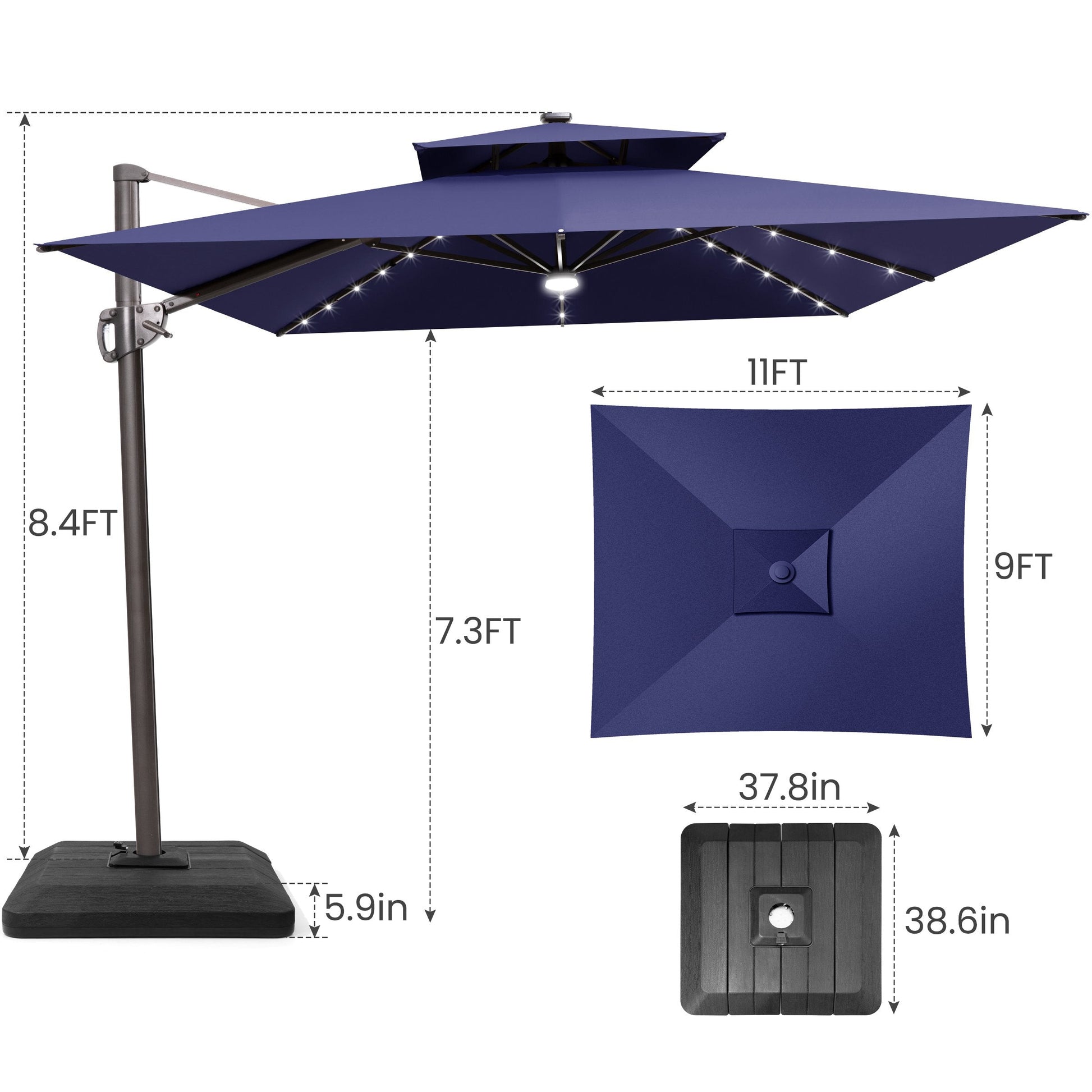 Size guide for Crestlive 11x9 ft navy blue lighted cantilever umbrella showing 8.4ft total height and low-profile base