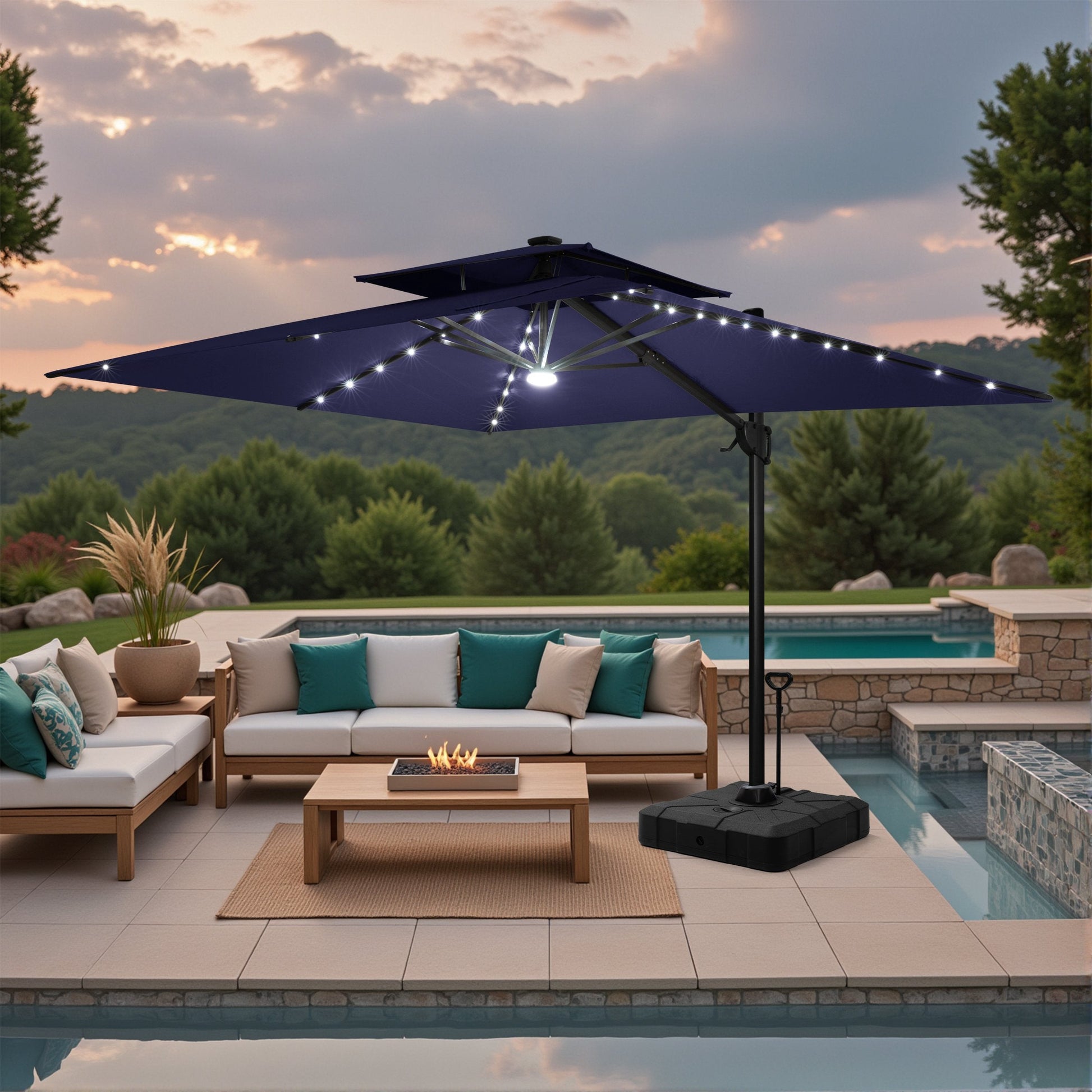 Lighted Crestlive 11x9 ft navy blue cantilever umbrella with wheeled base shading a poolside fire pit set at sunset