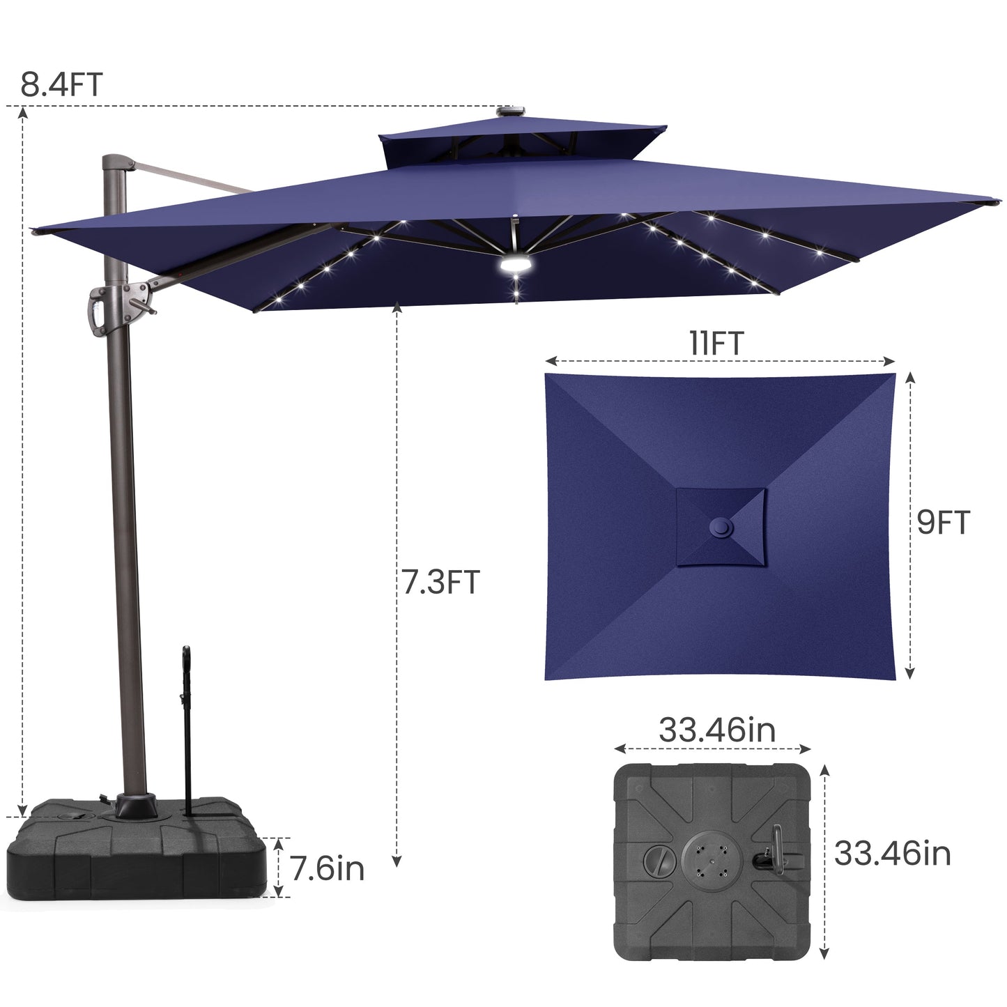 Size guide for Crestlive 11x9 ft navy blue lighted cantilever patio umbrella with wheeled base showing 8.4ft total height