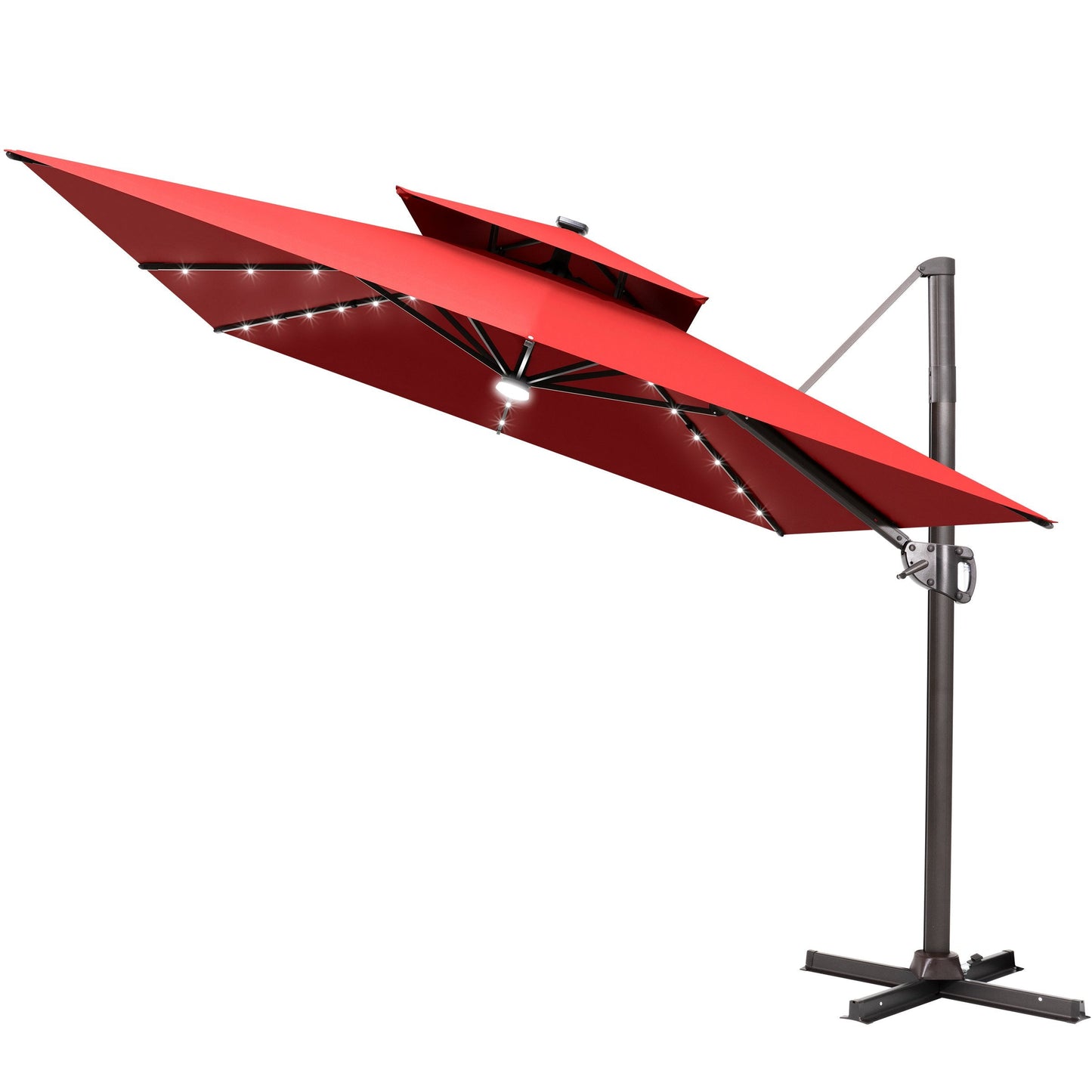 Tilted Crestlive 11x9 ft red lighted cantilever patio umbrella with solar LED lights and steel cross base