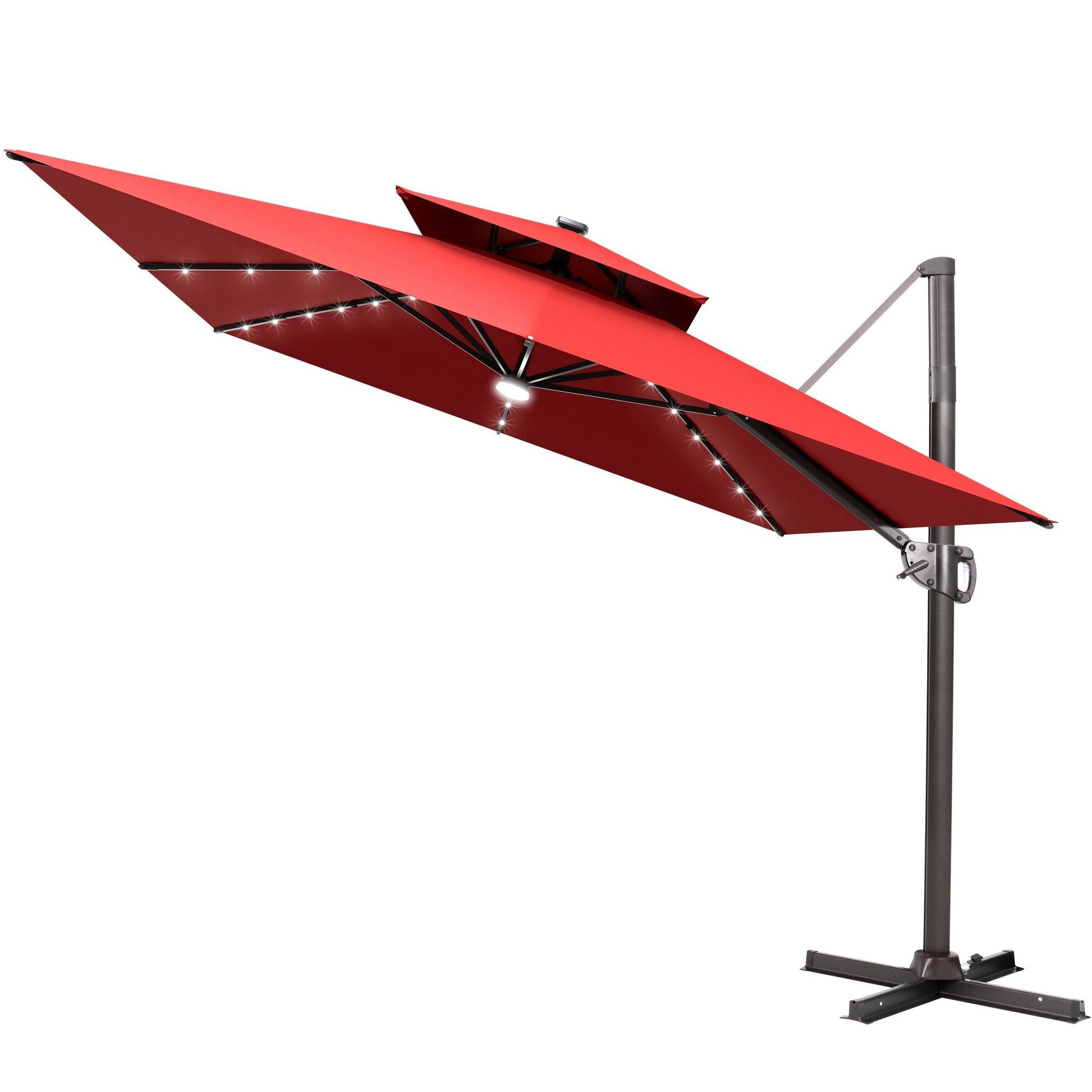 Tilted Crestlive 11x9 ft red lighted cantilever patio umbrella with solar LED lights and steel cross base