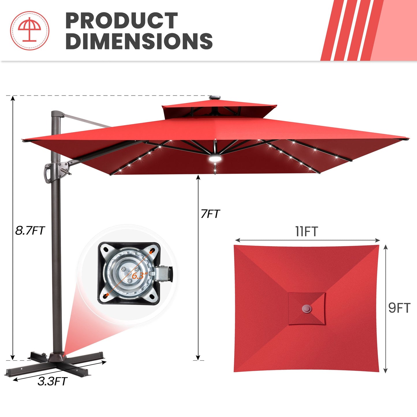Size guide for Crestlive 11x9 ft red lighted cross base umbrella showing 8.7ft height and 6.3 inch hole distance