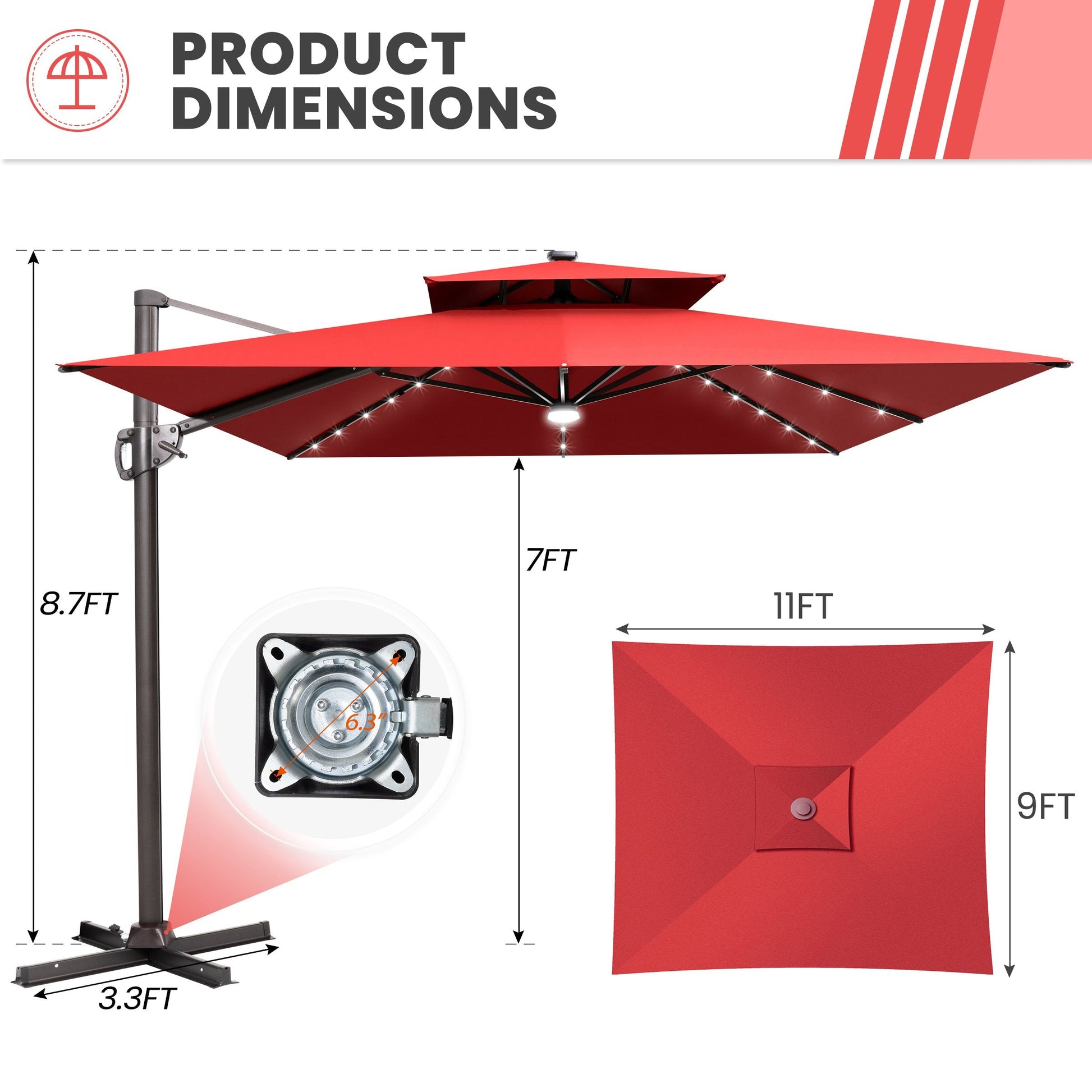 Size guide for Crestlive 11x9 ft red lighted cross base umbrella showing 8.7ft height and 6.3 inch hole distance