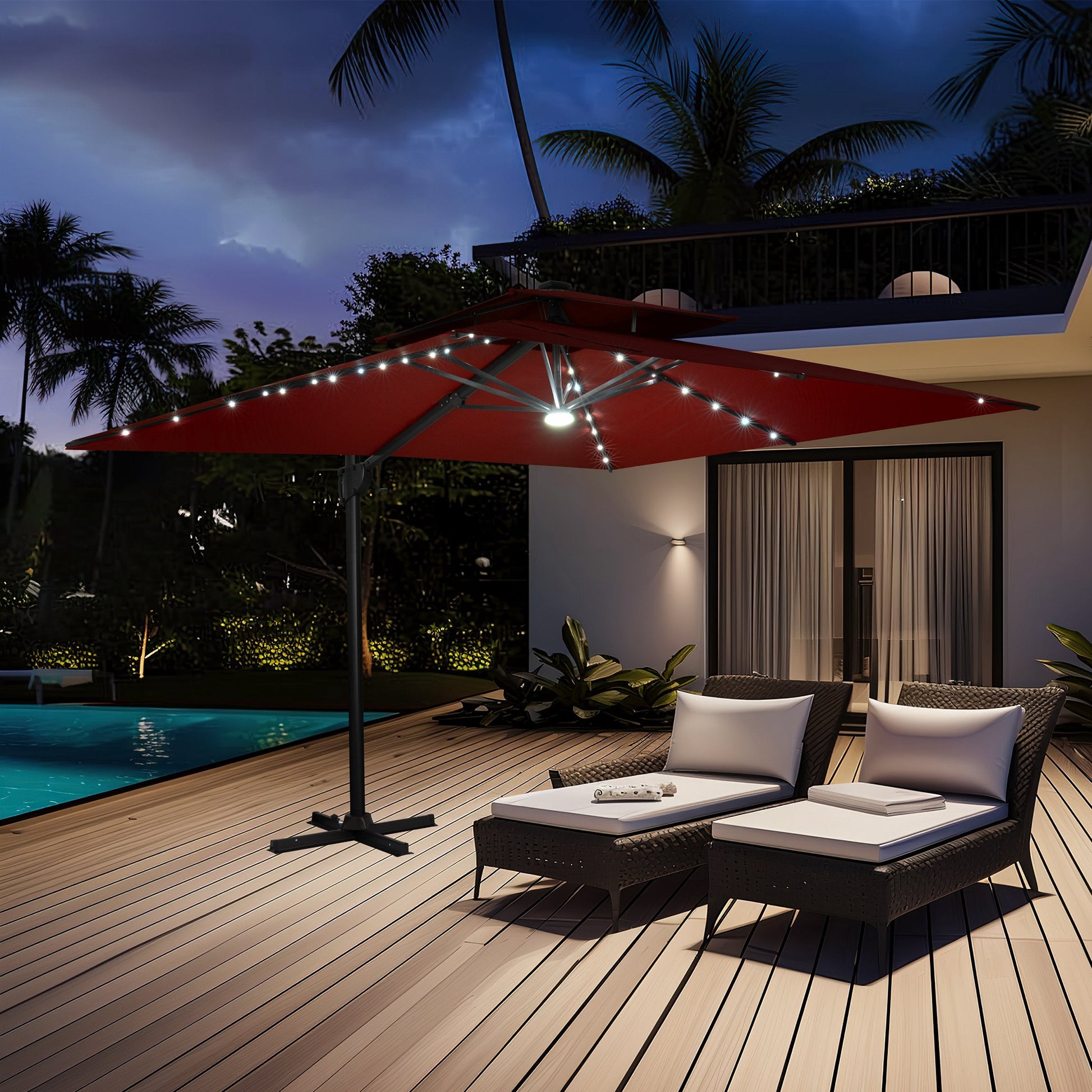 Lighted Crestlive 11x9 ft red cantilever umbrella with cross base shading wicker lounge chairs at night