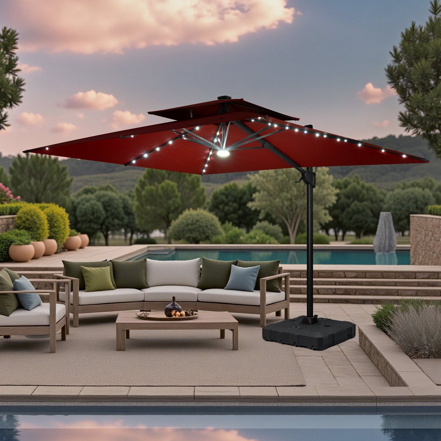 Lighted Crestlive 11x9 ft red cantilever umbrella with wheeled base shading a poolside conversation set at sunset