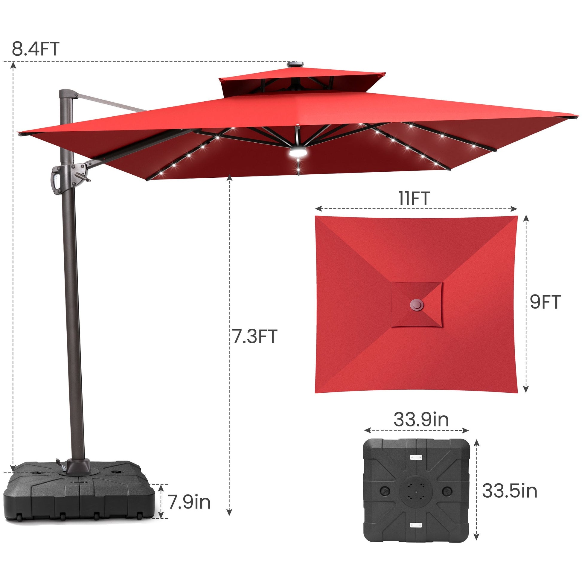 Size guide for Crestlive 11x9 ft red lighted cantilever patio umbrella showing 8.4ft total height and base dimensions