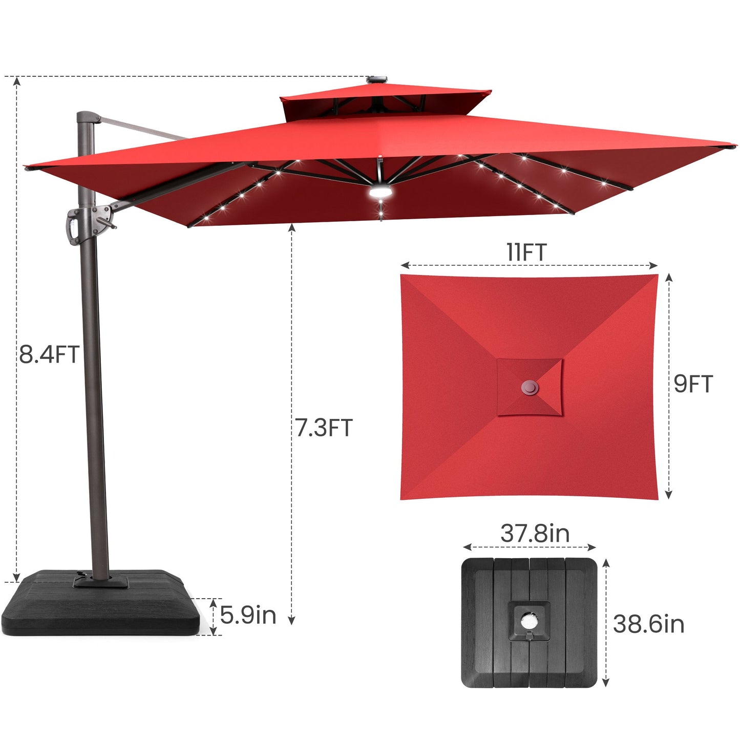 Size guide for Crestlive 11x9 ft red lighted cantilever umbrella showing 8.4ft total height and low-profile base