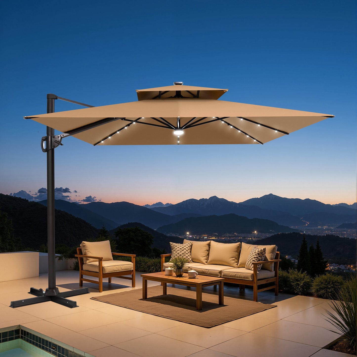 Lighted Crestlive 11x9 ft tan cantilever patio umbrella with cross base shading a wooden patio set at sunset