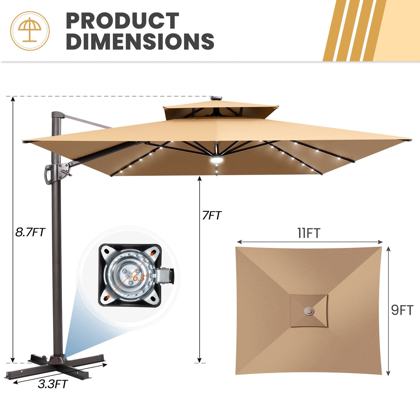Size guide for Crestlive 11x9 ft tan lighted cross base umbrella showing 8.7ft height and 6.3 inch hole distance