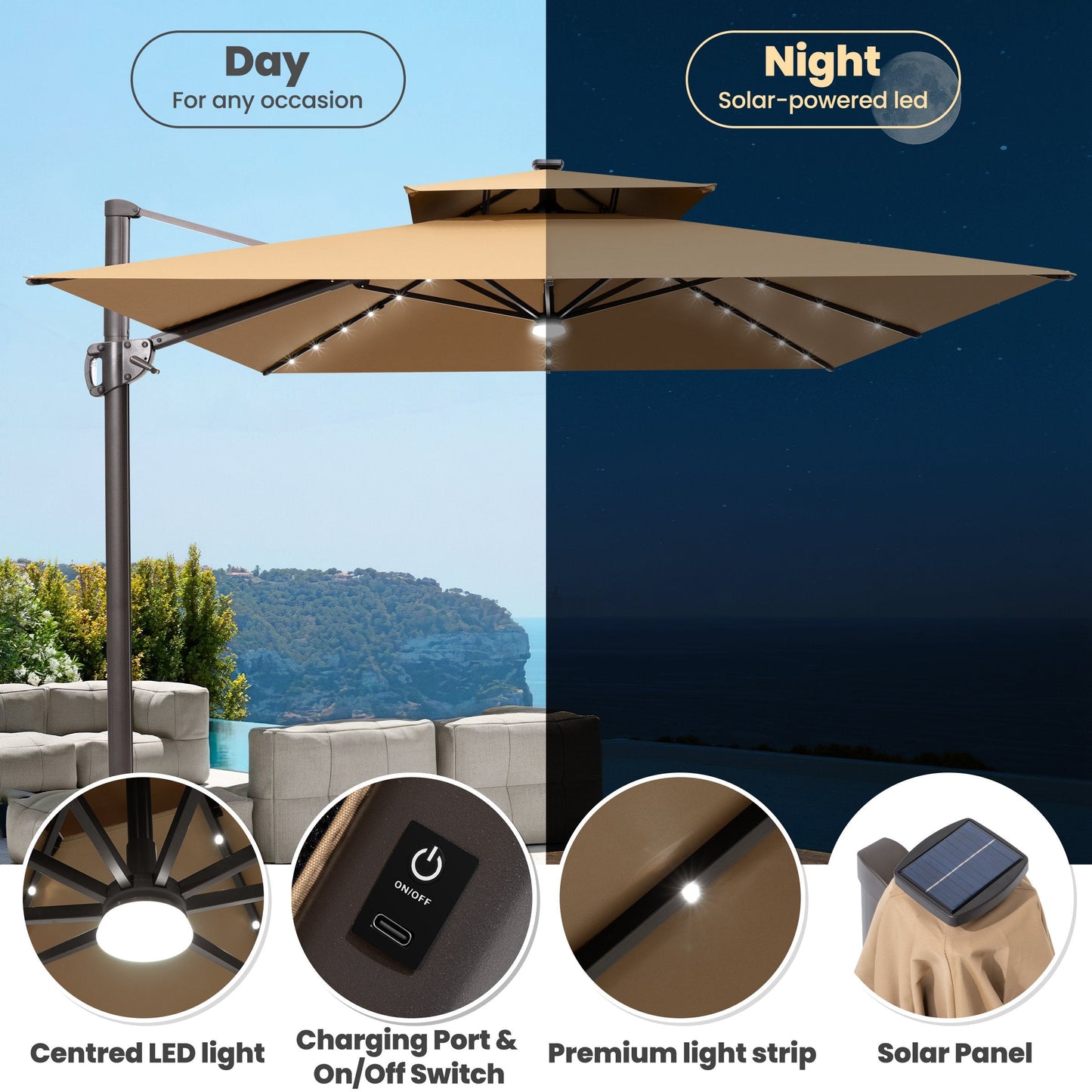 Day and night view of Crestlive 11x9 ft tan lighted cantilever umbrella showing solar panel, LED strips and switch