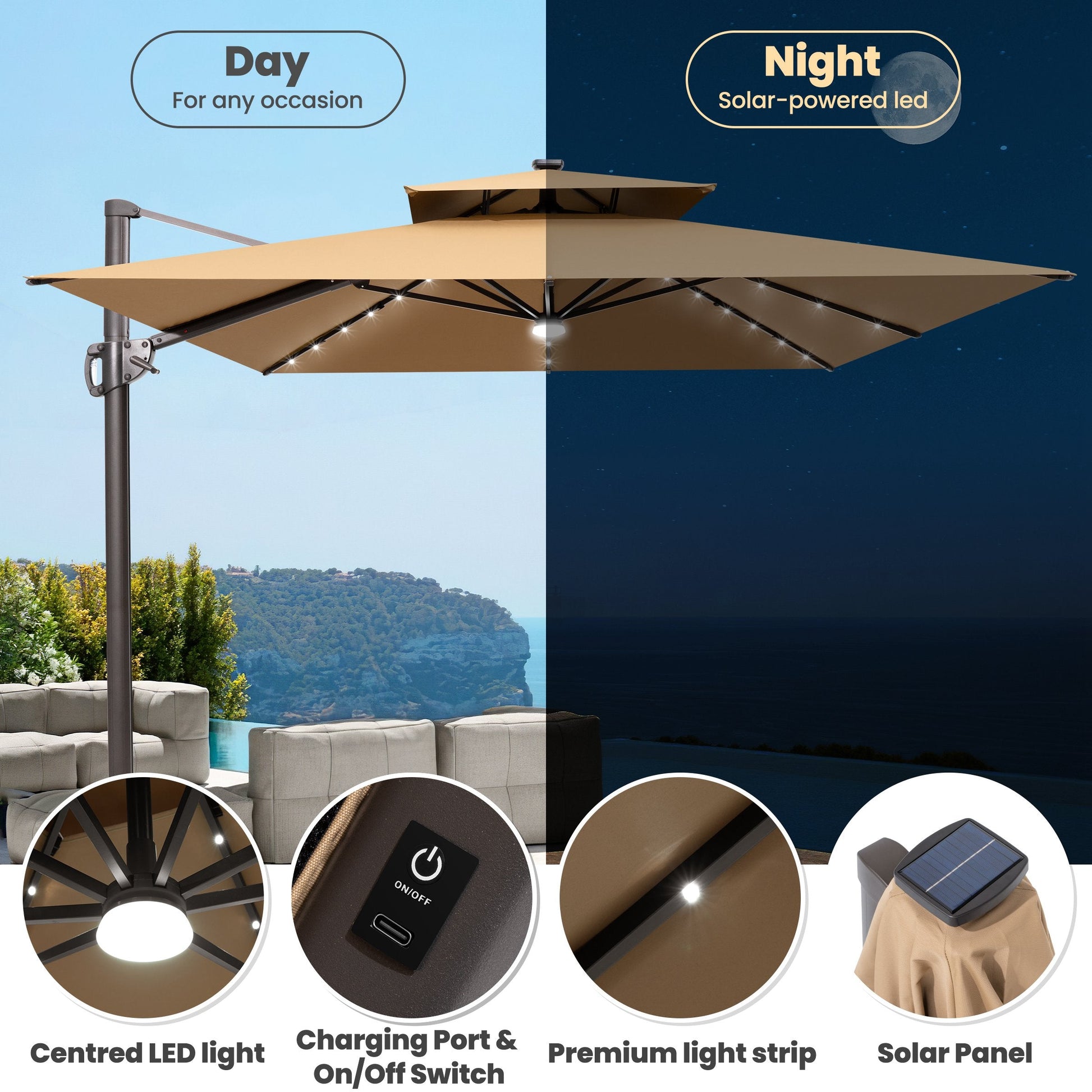 Day and night view of Crestlive 11x9 ft tan lighted cantilever umbrella showing solar panel, LED strips and switch
