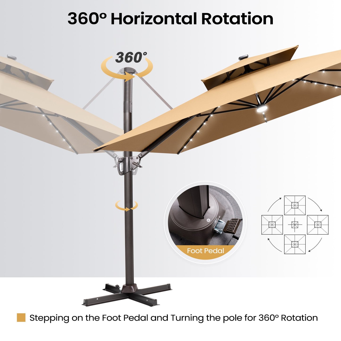 Crestlive 11x9 ft tan lighted cantilever umbrella demonstrating 360 degree horizontal rotation using a foot pedal