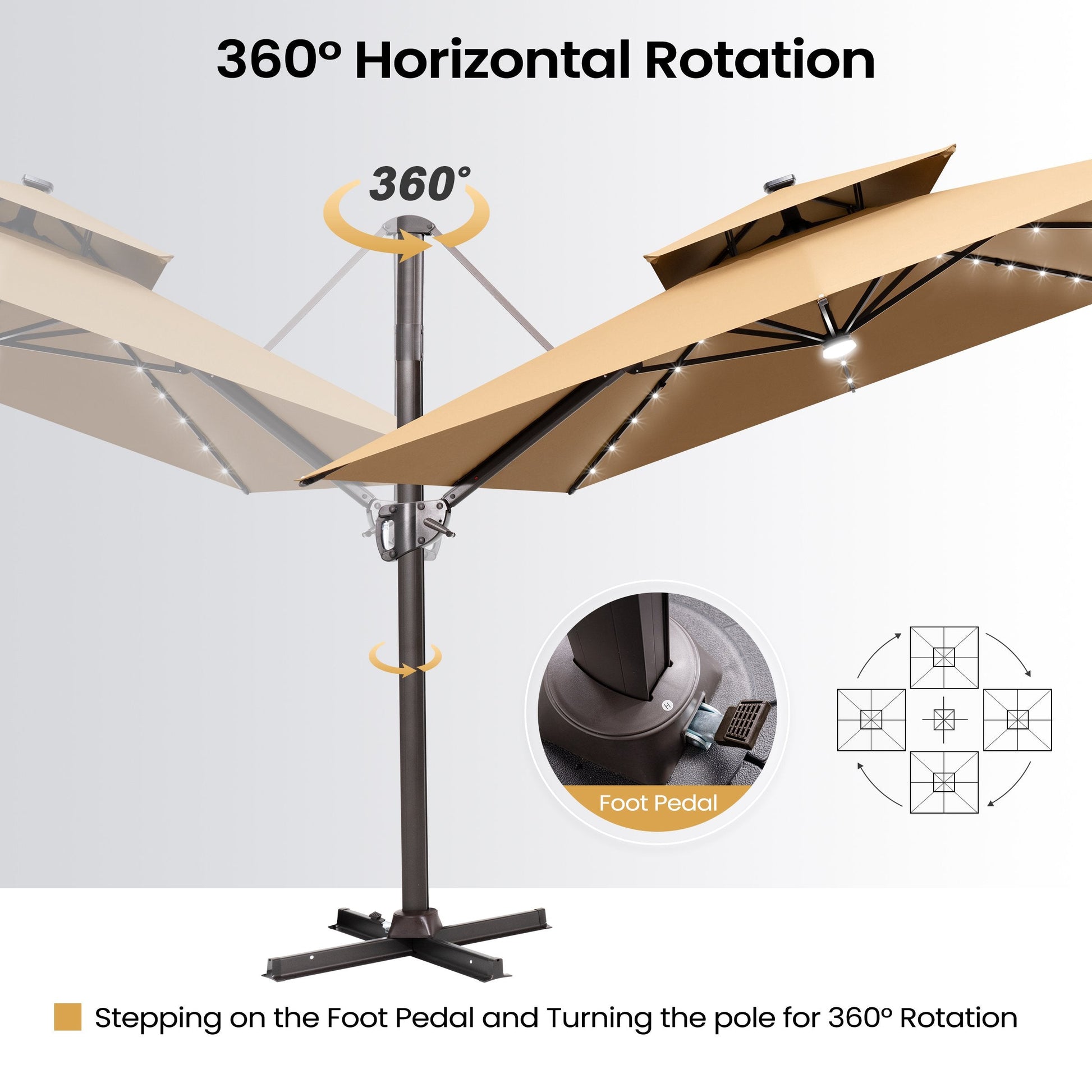 Crestlive 11x9 ft tan lighted cantilever umbrella demonstrating 360 degree horizontal rotation using a foot pedal