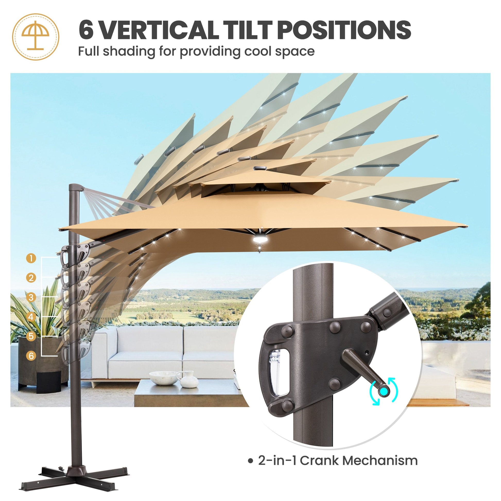 Feature guide showing 6 vertical tilt positions and 2-in-1 crank mechanism for Crestlive lighted cantilever umbrella
