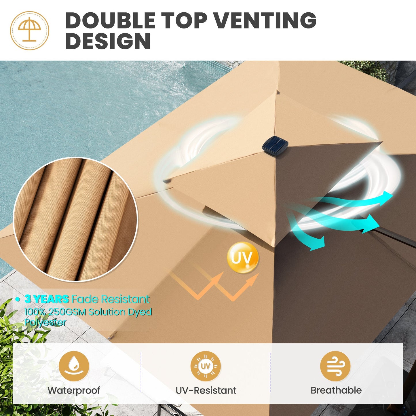 Double top venting design of Crestlive 11x9 ft tan patio umbrella showing 3-year fade resistant 250GSM fabric