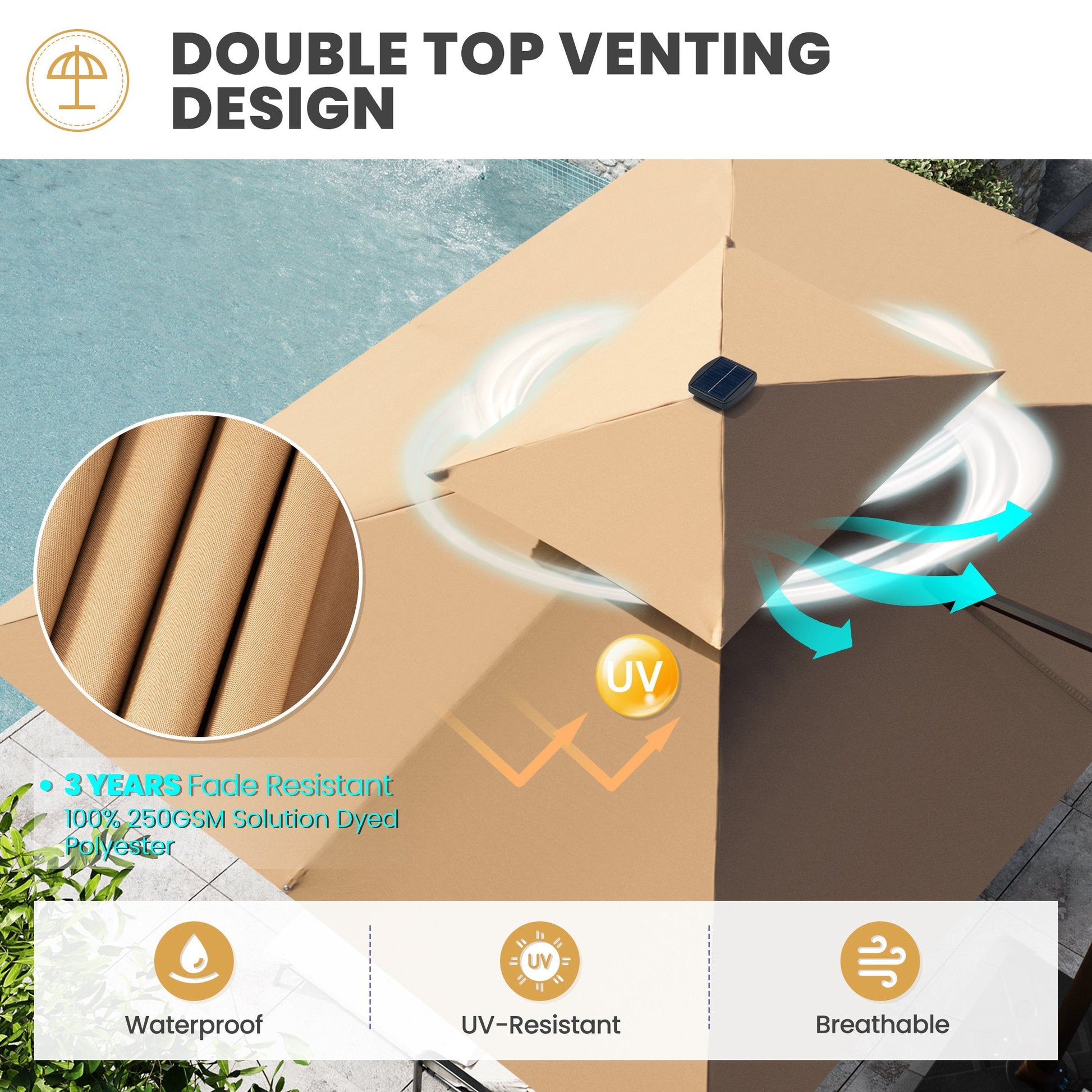 Double top venting design of Crestlive 11x9 ft tan patio umbrella showing 3-year fade resistant 250GSM fabric