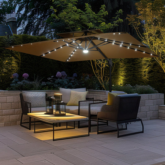 Crestlive 11x9 ft tan rectangular cantilever patio umbrella with solar LED lights shading a conversation set at night