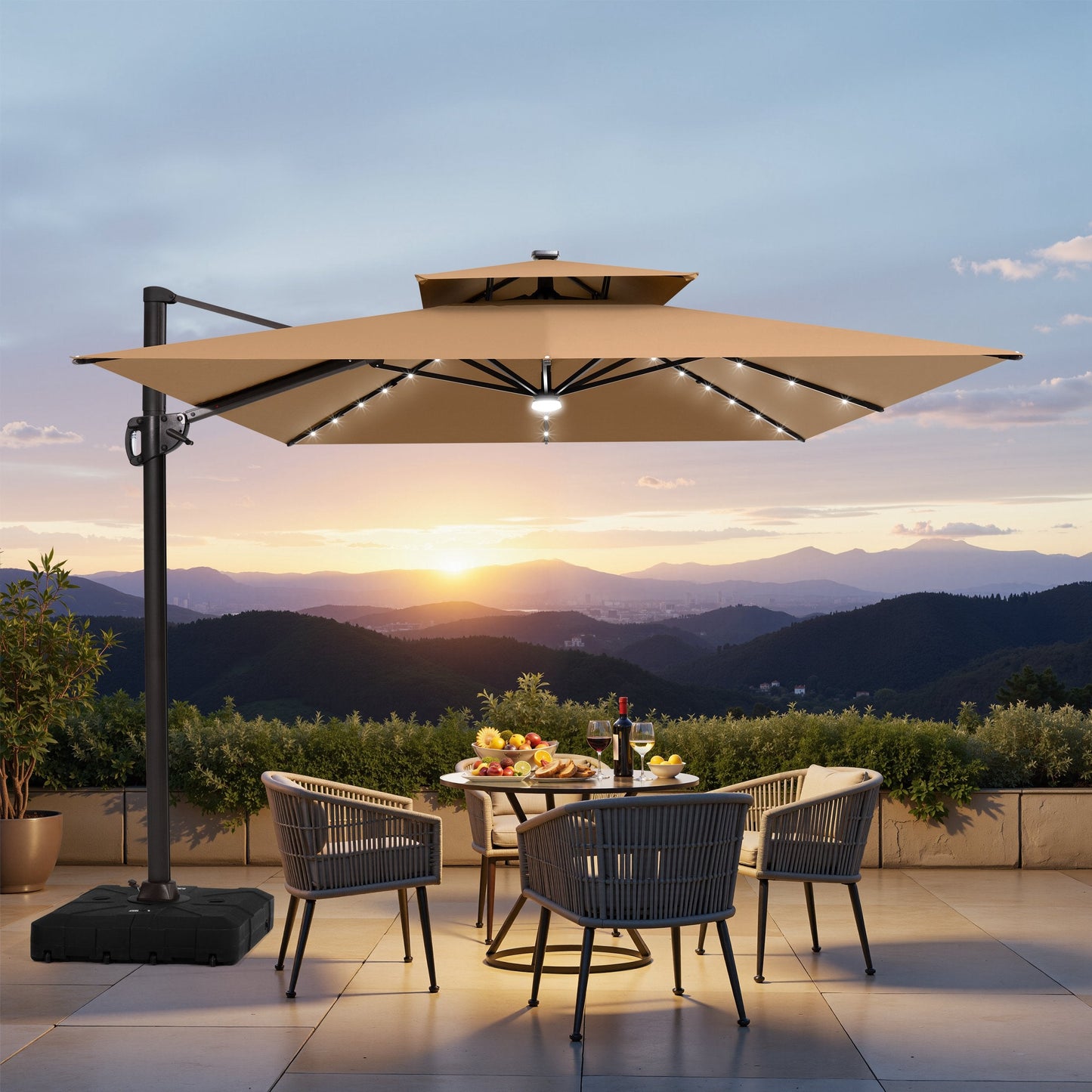 Lighted Crestlive 11x9 ft tan cantilever patio umbrella with wheeled base shading an outdoor dining set at sunset